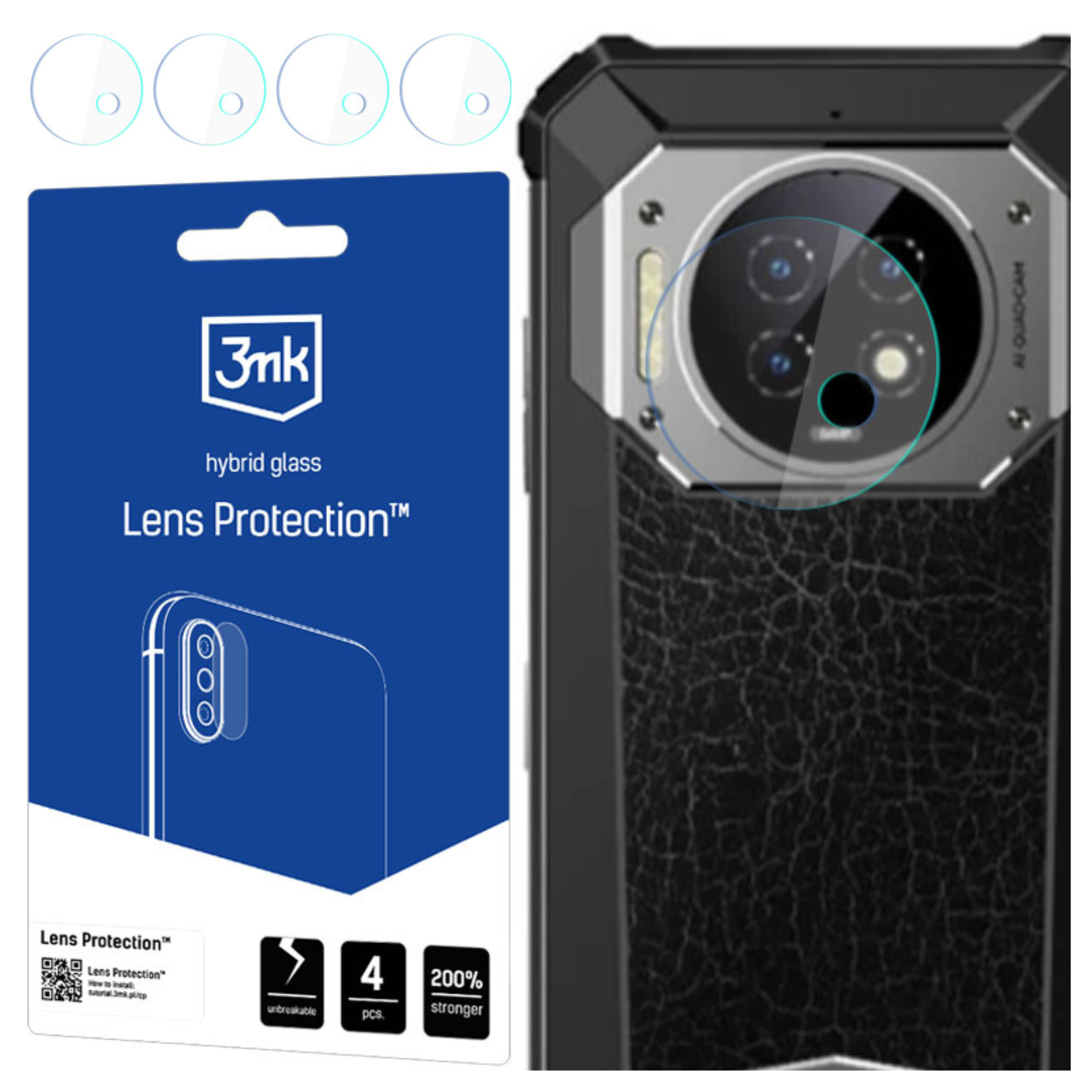 L'immagine mostra un kit di protezione dell'obiettivo del telefono con un telefono, protezioni dell'obiettivo e confezione.