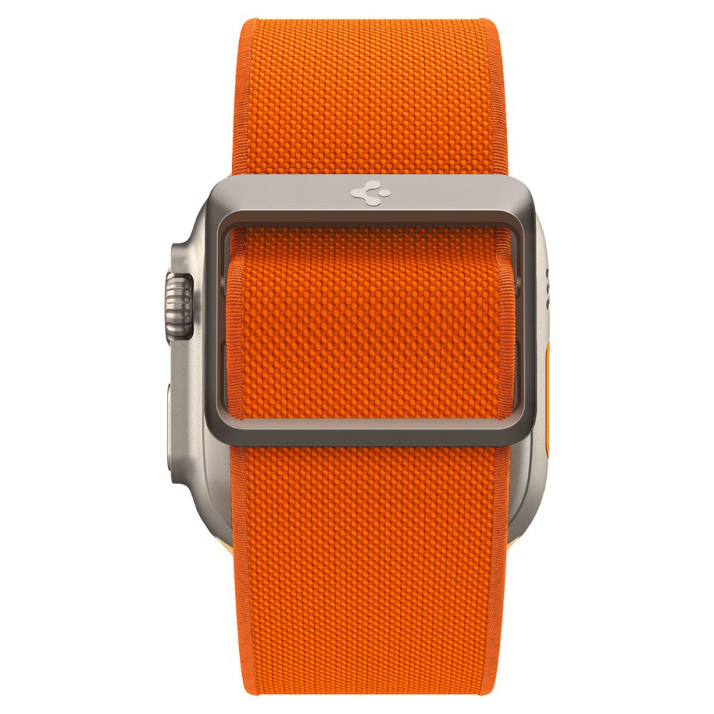 An orange Apple Watch with a matching strap. The watch has a silver frame and clasp. The background is white.