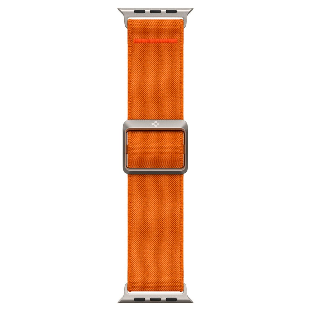 An orange Apple watch strap with silver hardware. The strap is fabric with a metal buckle and connectors.