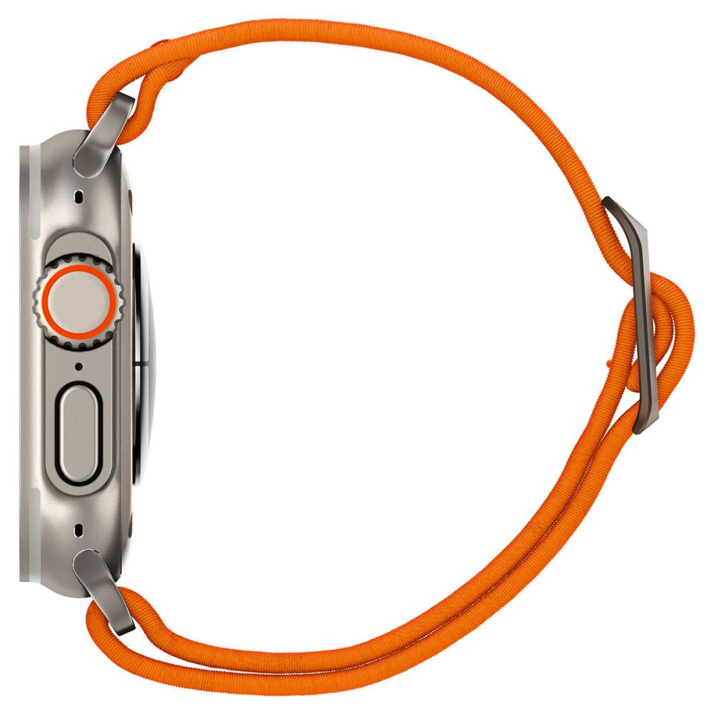 Side view of a silver smartwatch with an orange band. The watch has a digital crown and a button. The band is connected with a metal clasp.