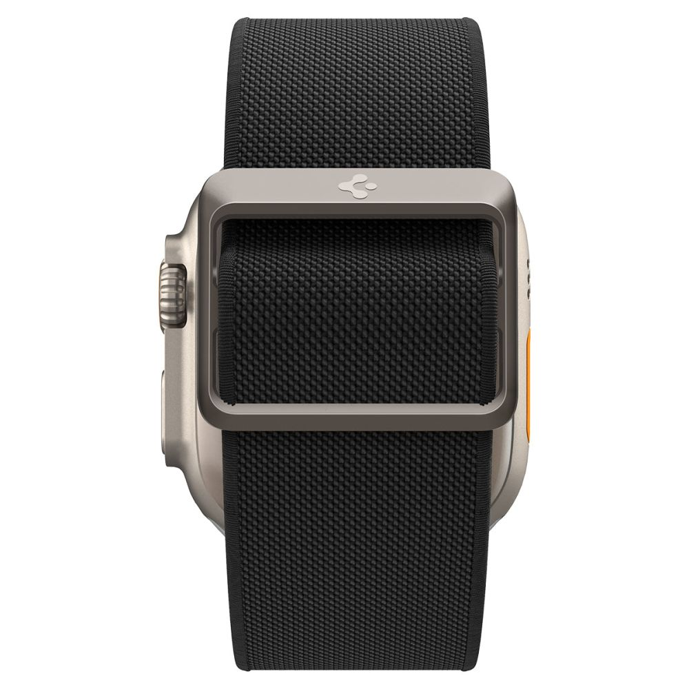 A close-up of a smartwatch with a black strap and a silver case. The watch is centered, showcasing its design and details.