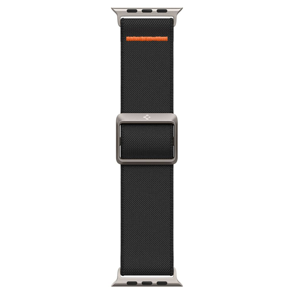 Black Apple watch band with silver clasps and orange stitching. The band is centered on a white background.