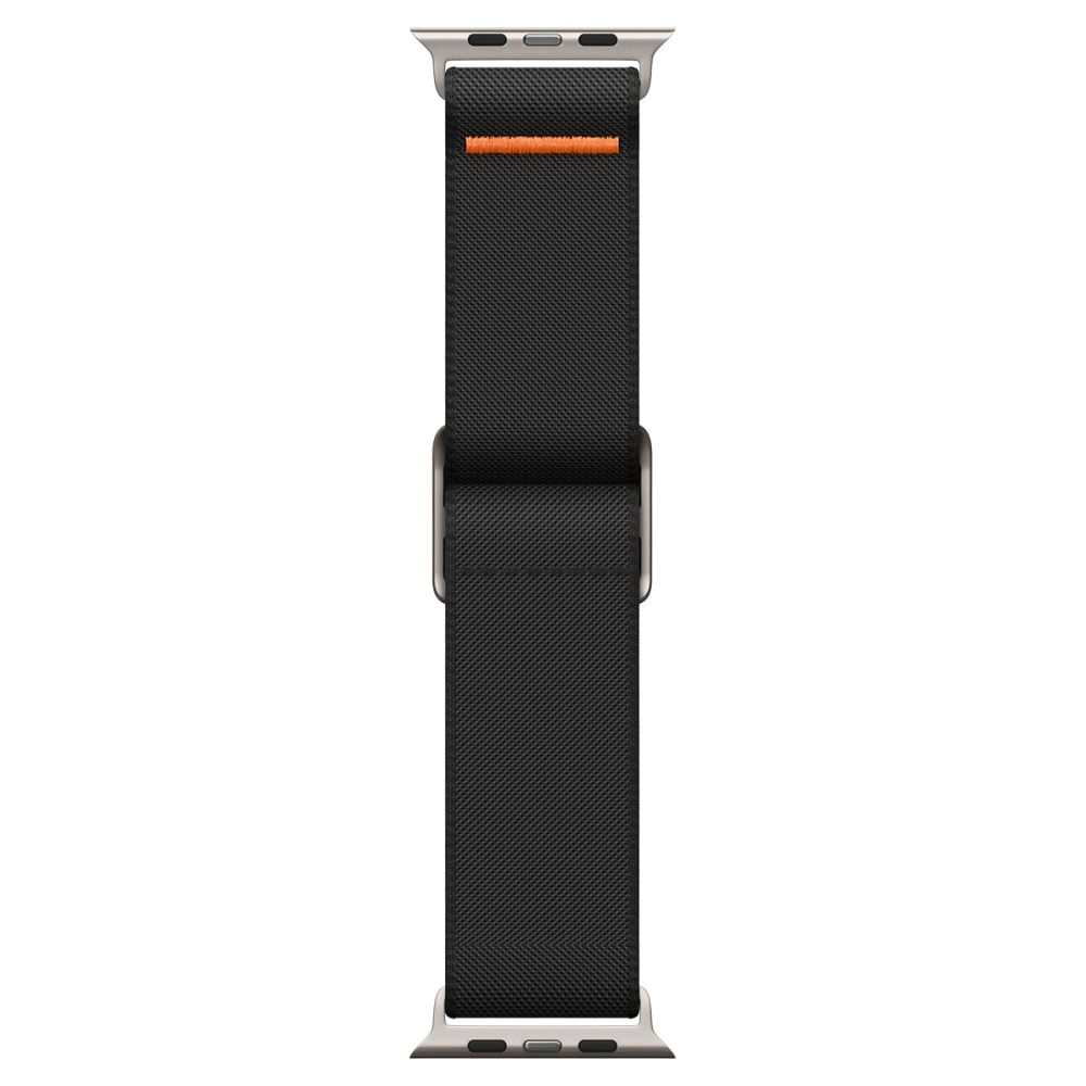 Black Apple Watch band. Features silver connectors and buckle. Orange stitching near the top. Textured black band material.