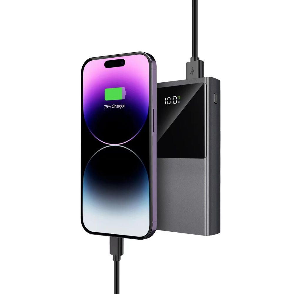 Un téléphone en charge. L'écran affiche 75 % chargé, connecté à une banque d'alimentation. La banque affiche 100 % de charge.