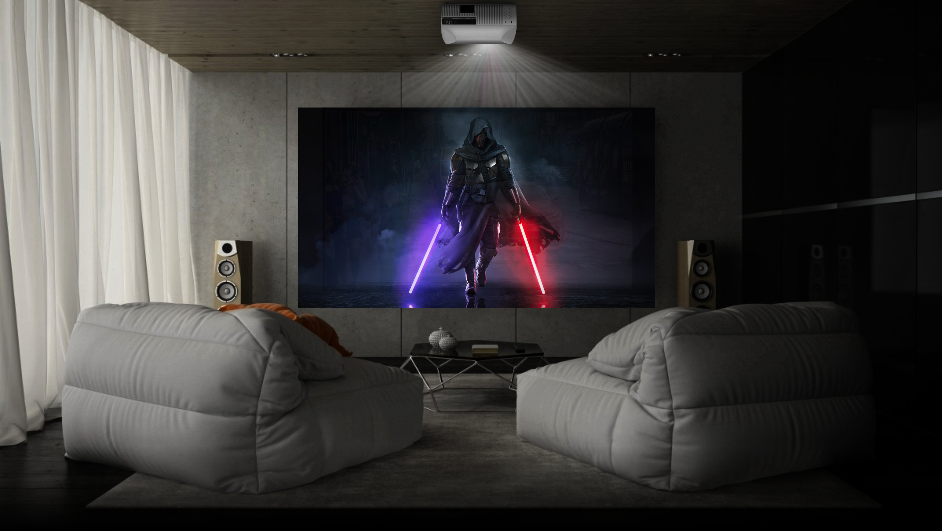 Ein modernes Heimkino zeigt eine Filmszene. Zwei Sitzsäcke blicken auf eine große Leinwand mit einer Figur mit Lichtschwertern.