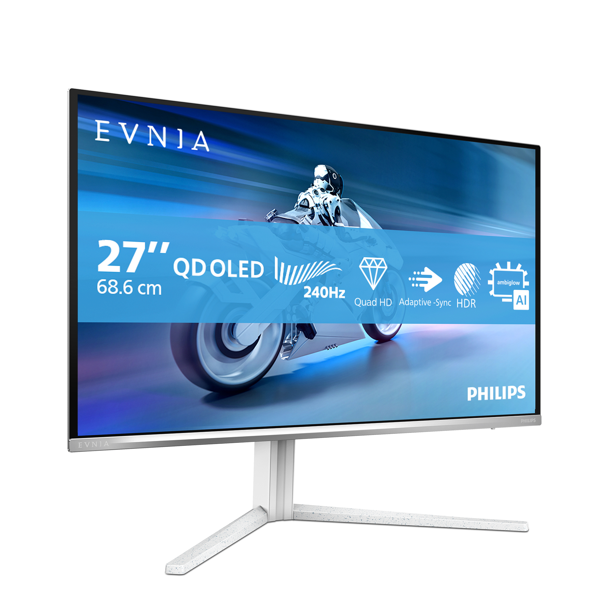 Monitor Philips z futurystyczną grafiką pojazdu, białą podstawą i wyświetlonymi specyfikacjami produktu.