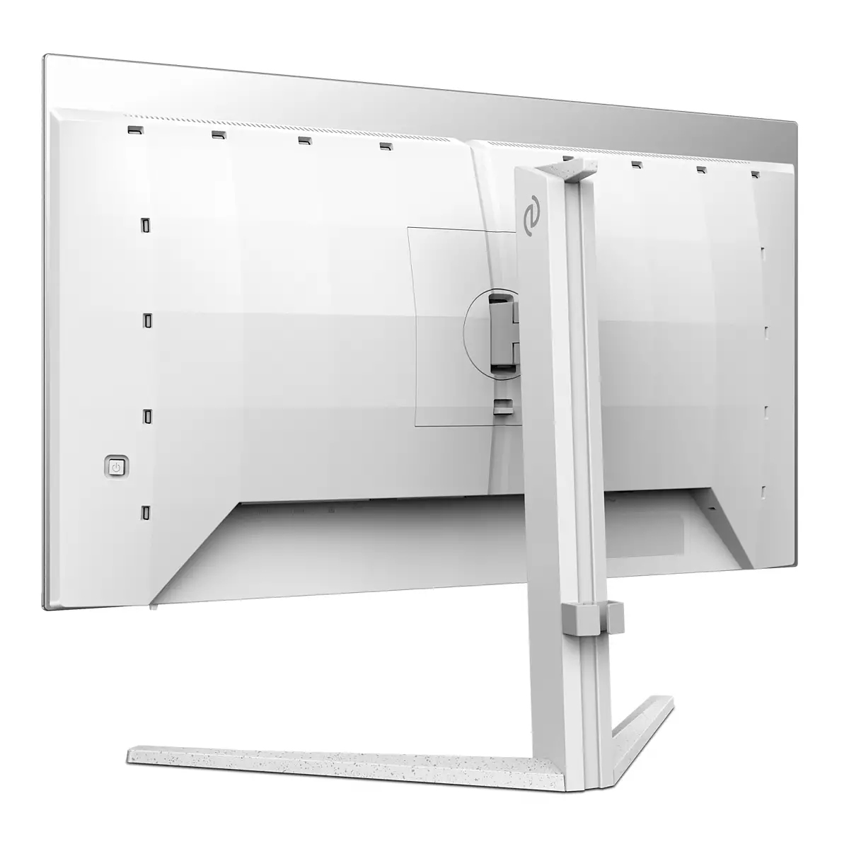 Biały monitor komputera widziany z tyłu. Ma podstawę i przycisk zasilania. Monitor stoi na białej powierzchni.