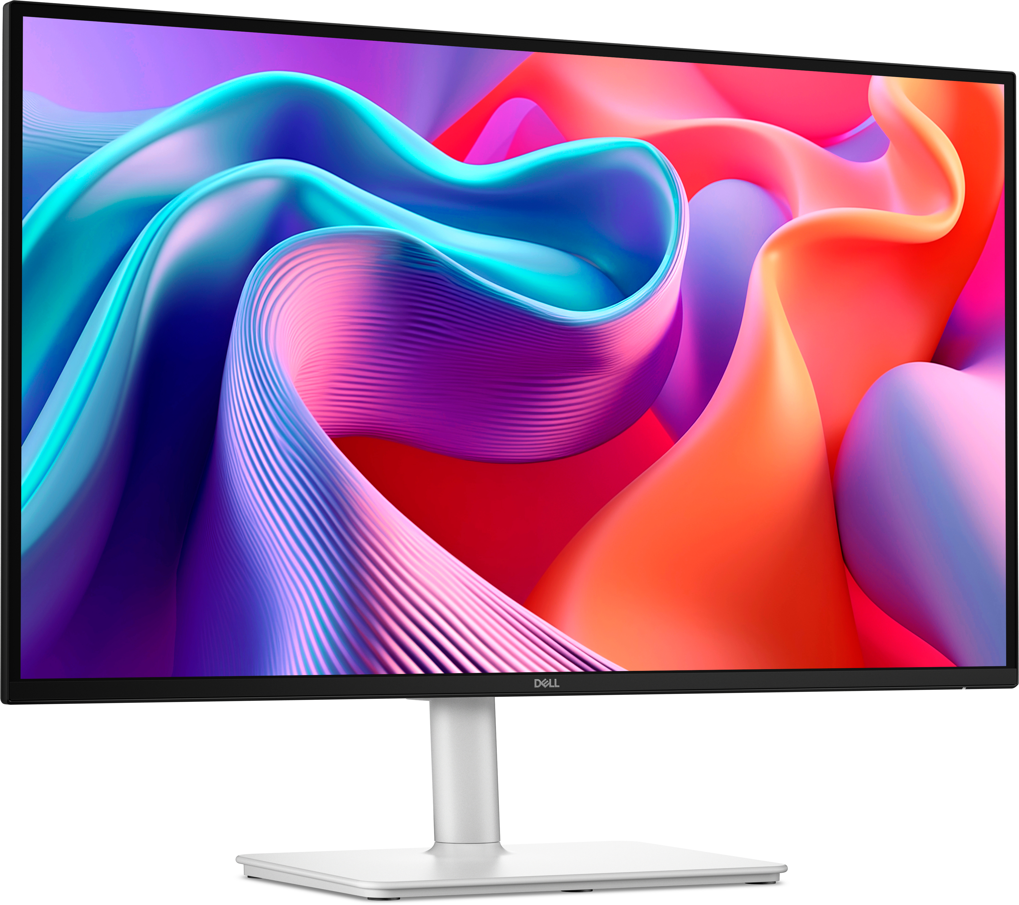 Een Dell-monitor toont een kleurrijk abstract ontwerp. De monitor heeft een witte standaard en een zwart frame.