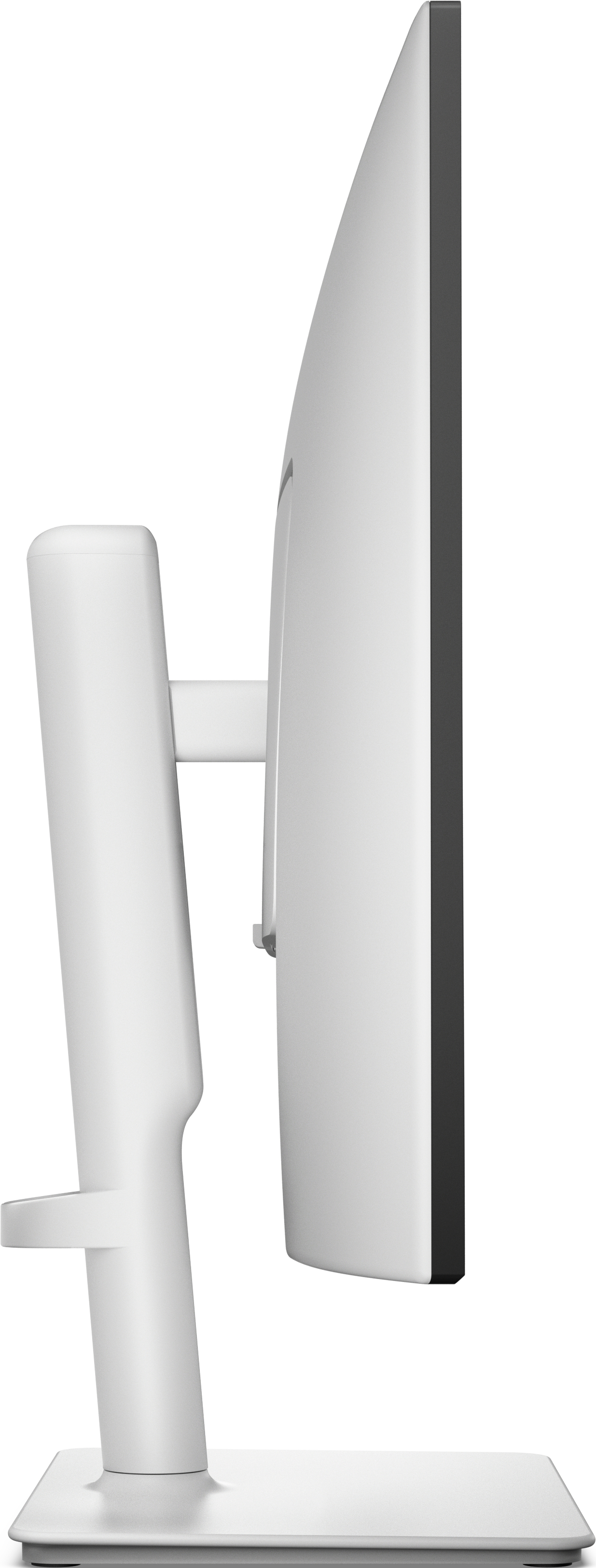 Zijaanzicht van een witte computermonitor. Het scherm is zwart aan de zijkant. De standaard en achterkant zijn wit.
