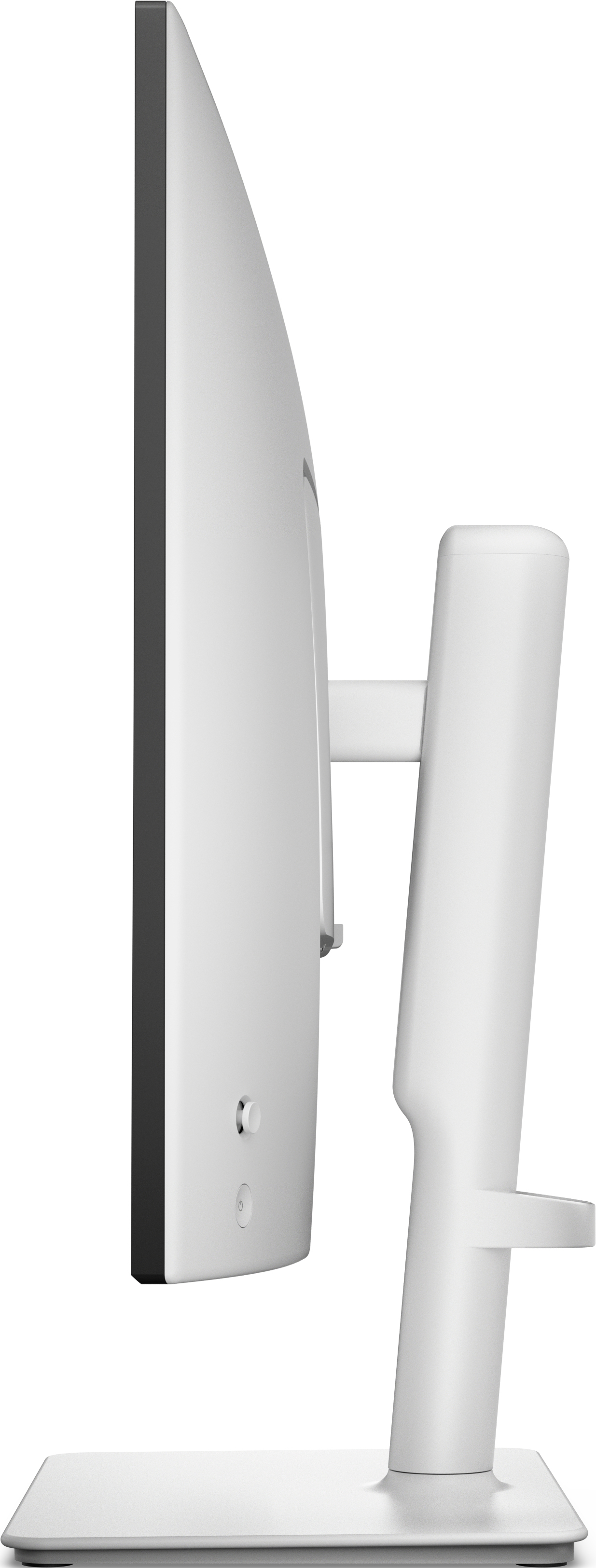 Een witte computermonitor van de zijkant bekeken. Het heeft een zwarte rand en een witte standaard.