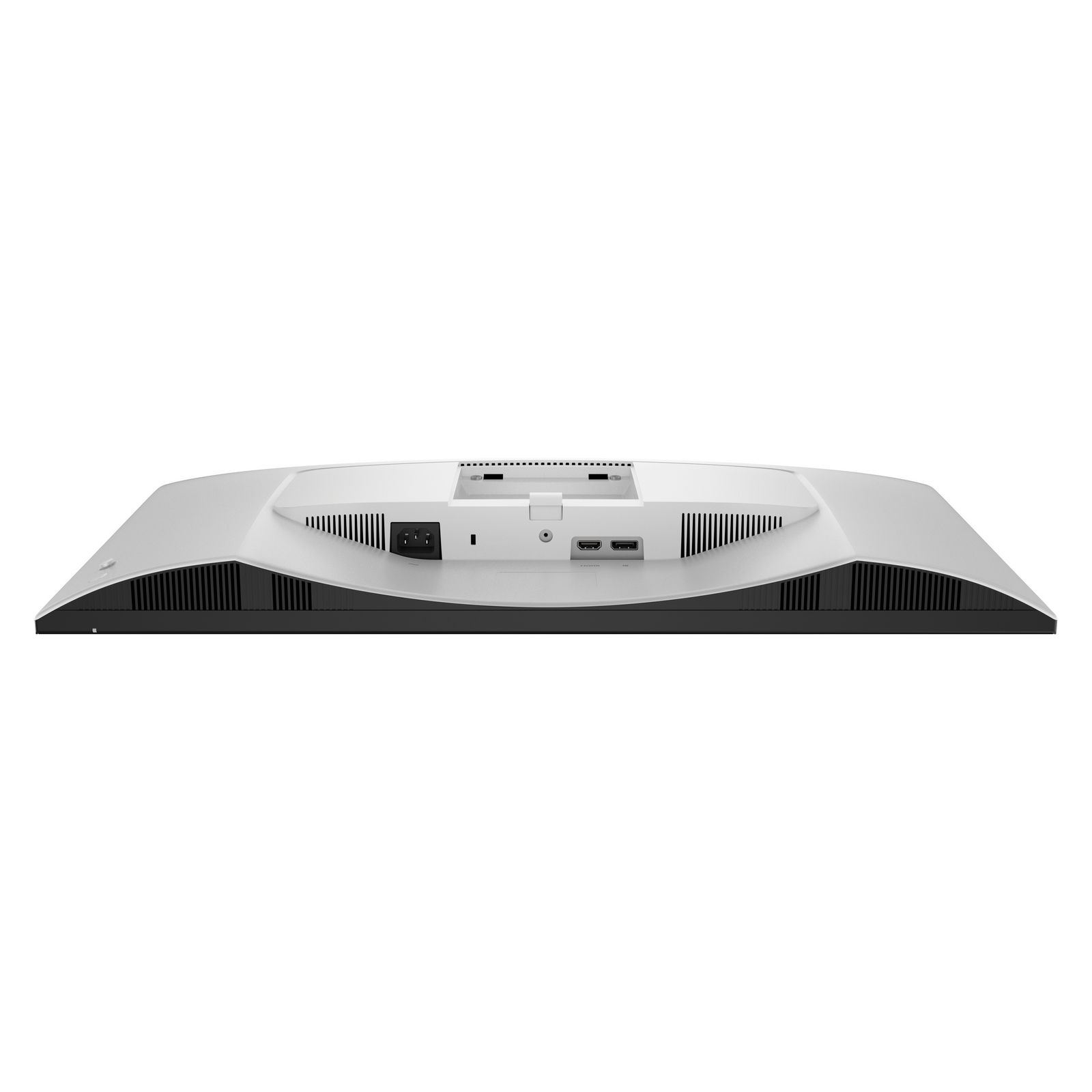 De achterkant van een witte monitor met zwarte ventilatieopeningen, voedingspoort en ingangspoorten. De achtergrond is effen wit.