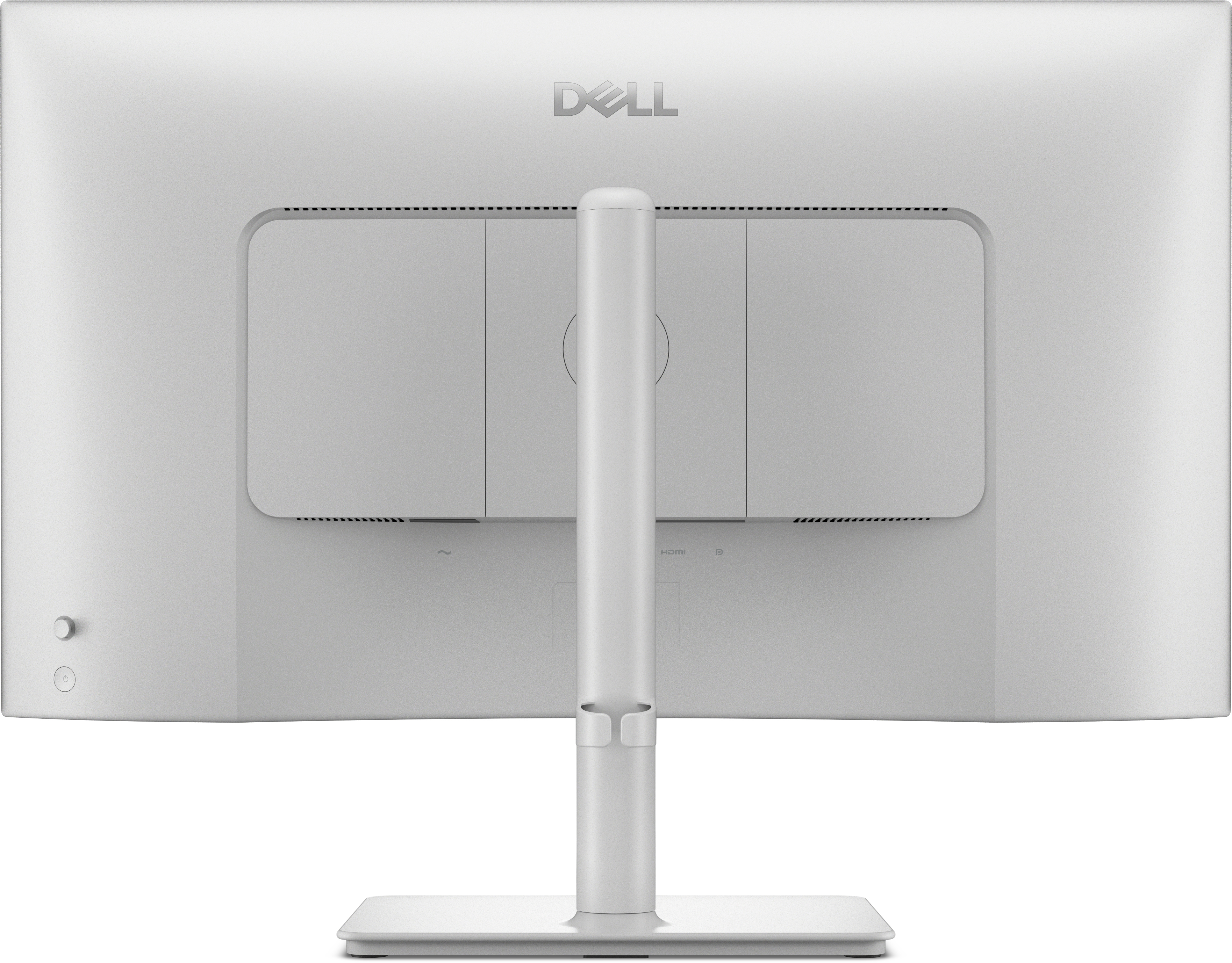 Achterkant van een zilveren Dell monitor. Het heeft een standaard en het Dell logo. Poorten zijn zichtbaar.