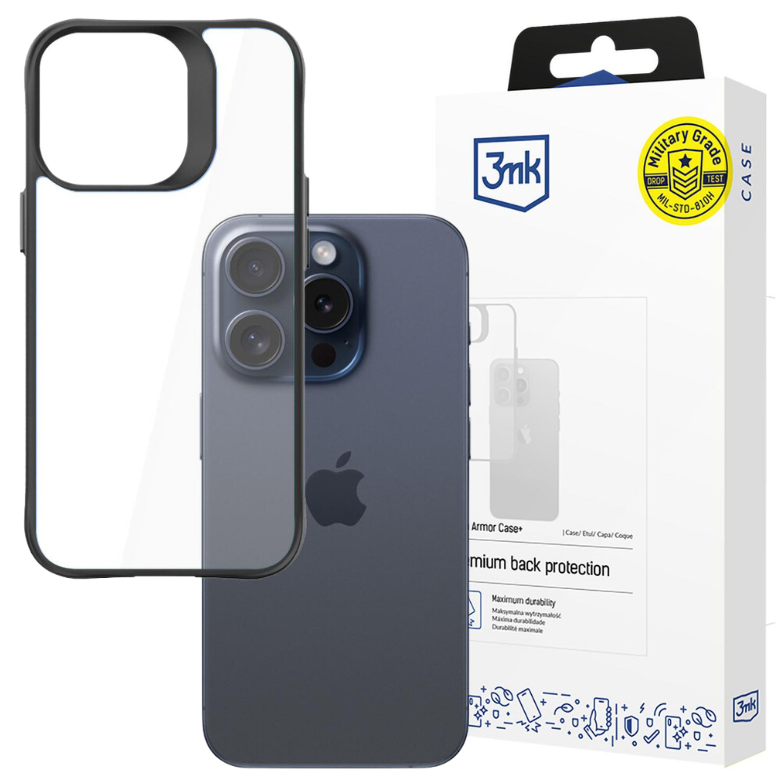 Un telefono in una custodia accanto alla confezione della custodia. Il telefono è blu scuro. La custodia è trasparente con bordi neri.