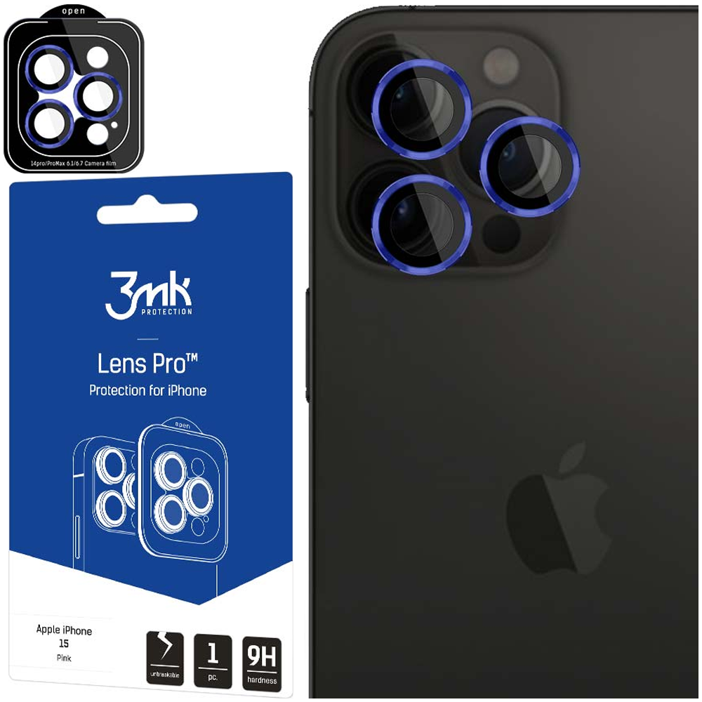 Un iPhone con protezioni per lenti è accanto a una confezione per le protezioni. La confezione dice Lens Pro, per iPhone.