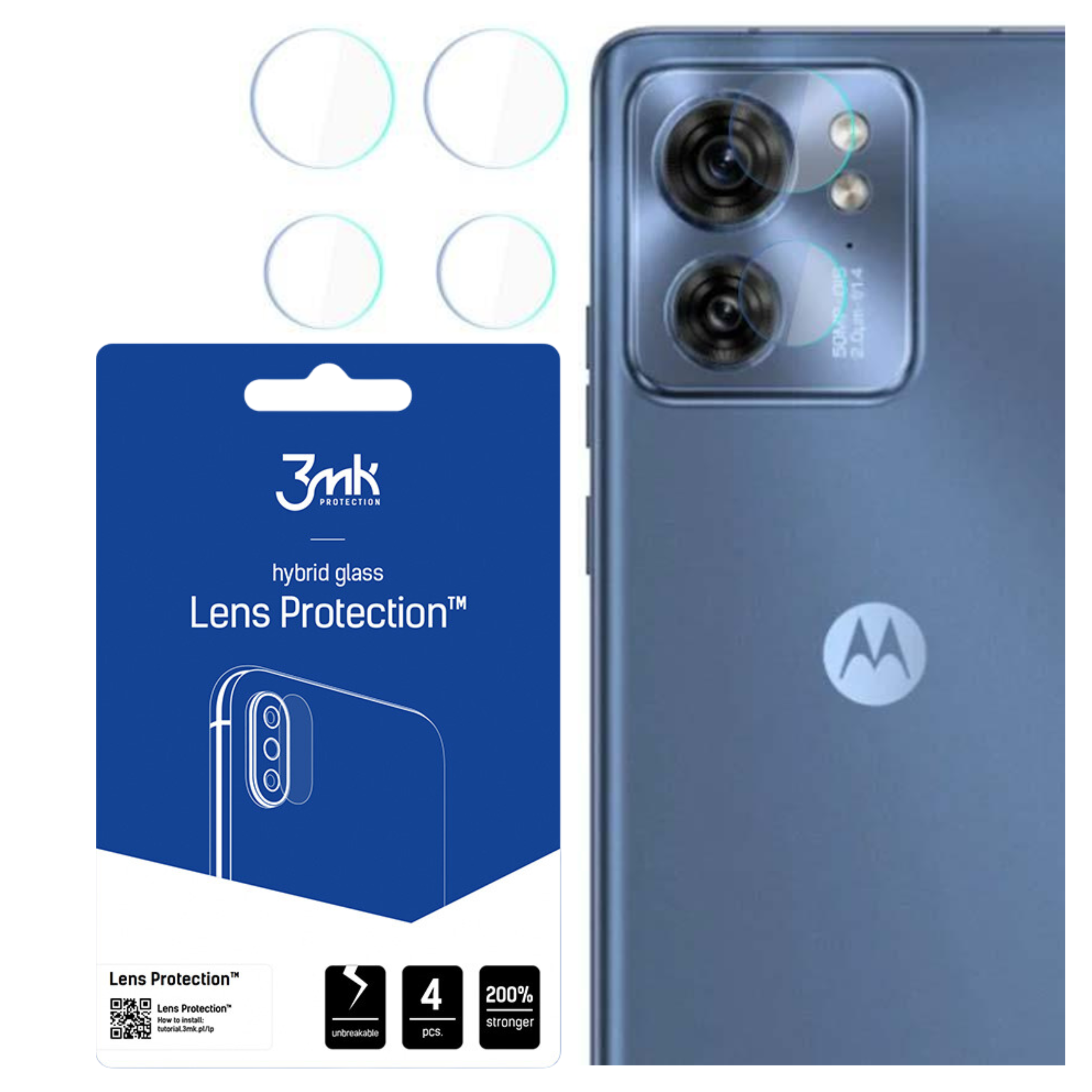 Un telefono e protezioni per lenti sono mostrati. Le protezioni sono cerchi trasparenti. La confezione è blu e contiene testo.