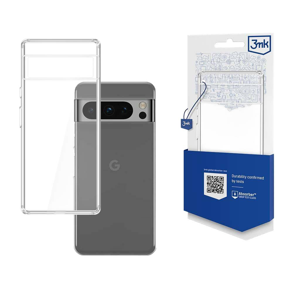 Szary telefon z przezroczystym etui obok opakowania produktu, prezentacja telefonu i etui.