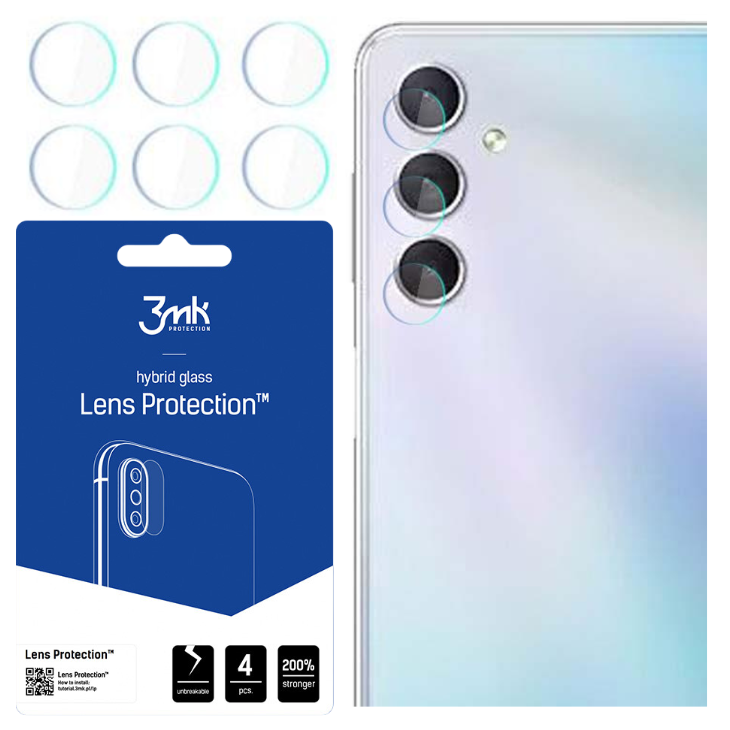 Un kit di protezione per lenti del telefono con sei protezioni e le lenti della fotocamera di un telefono. La confezione mostra i dettagli del prodotto.
