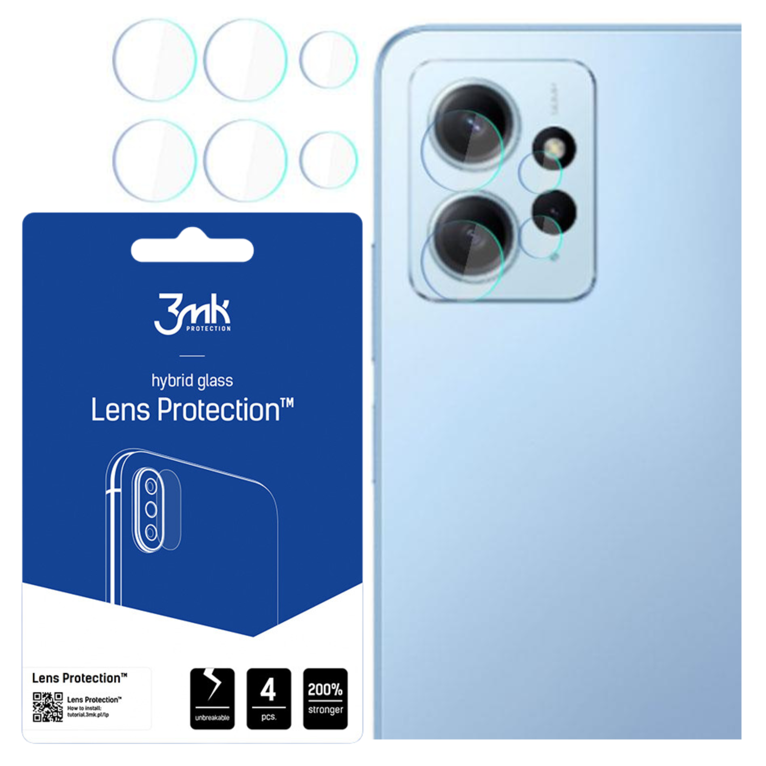 Un telefono e protezioni per lenti sono mostrati. Le protezioni sono cerchi trasparenti. La confezione è blu e bianca.