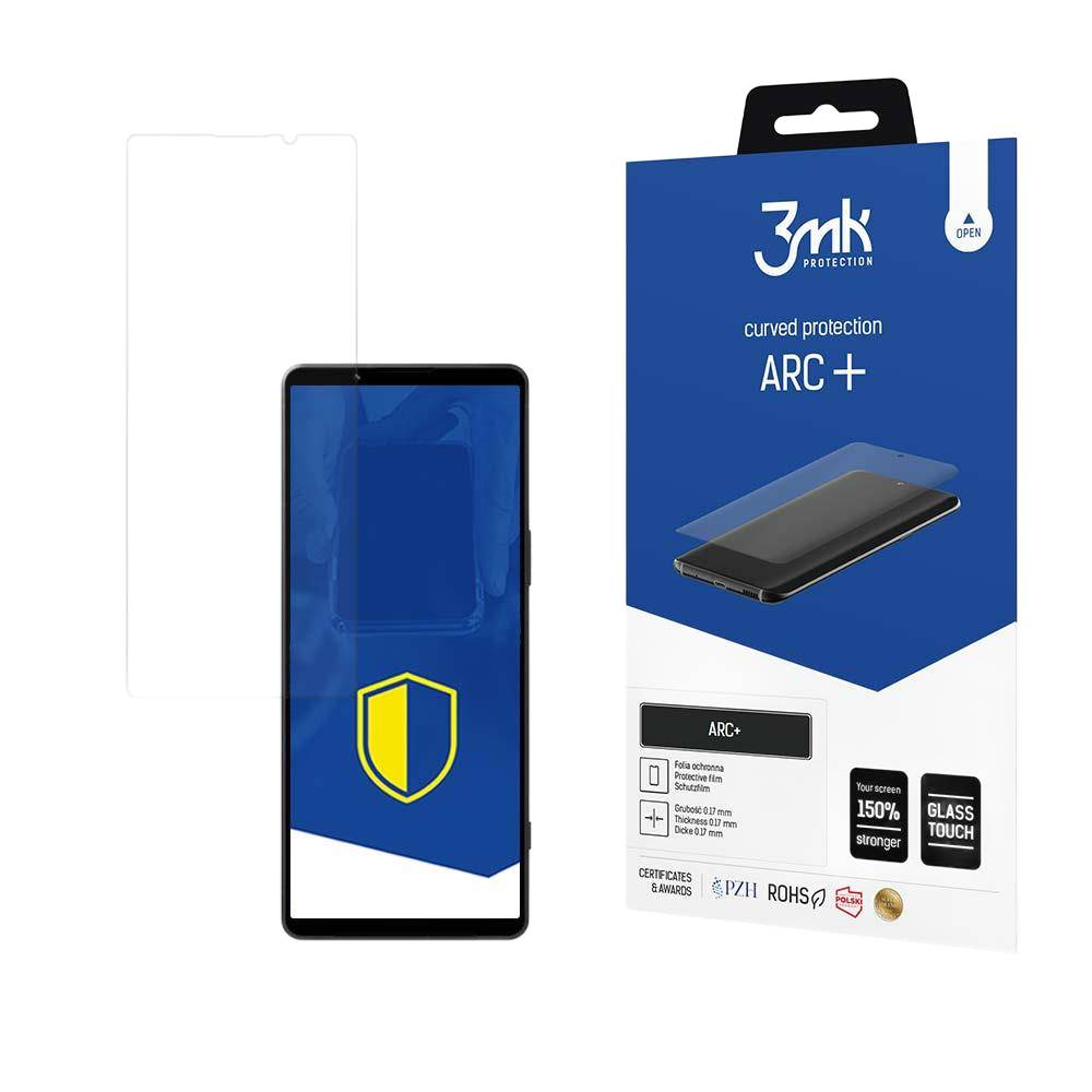 Un proteggi schermo e una scatola. La scatola dice 'ARC+' e 'curved protection'. Viene mostrato un telefono con un logo giallo.