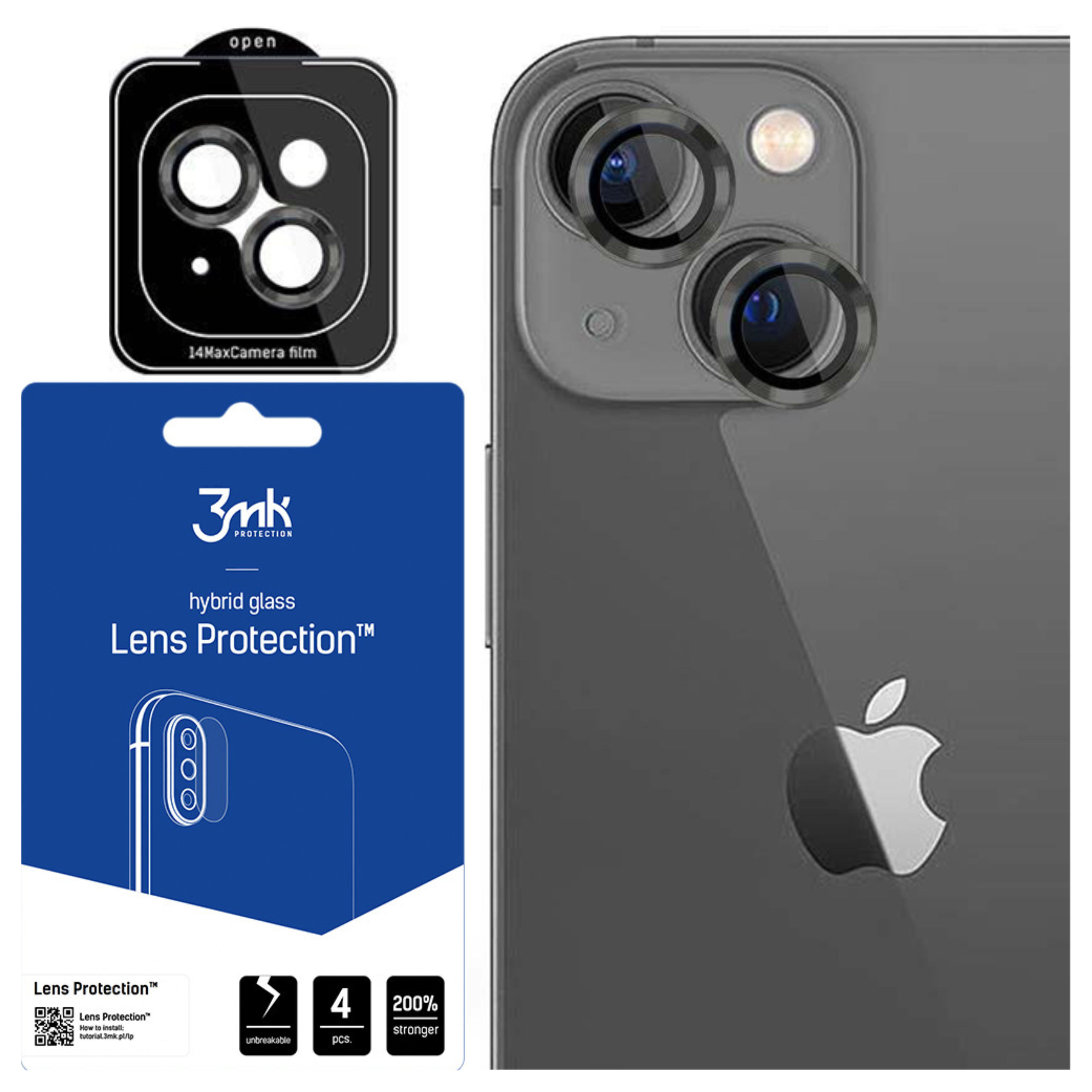 Un iPhone con confezione di pellicola protettiva. La pellicola è per le lenti della fotocamera. Il telefono è grigio scuro e ha un logo Apple.