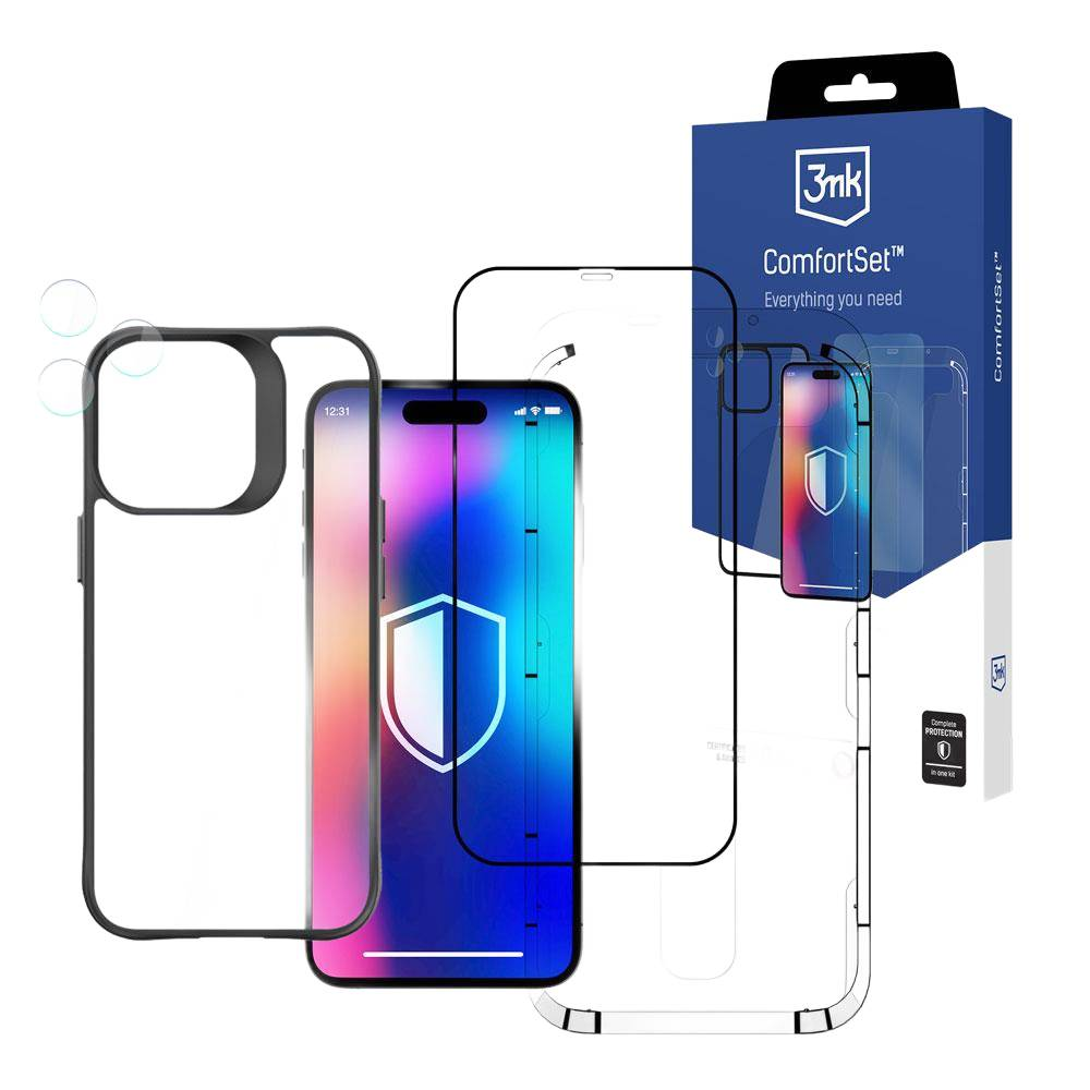 Un telefono con protezione schermo, una custodia e una scatola ComfortSet sono esposti. Lo schermo del telefono mostra uno scudo di sicurezza.