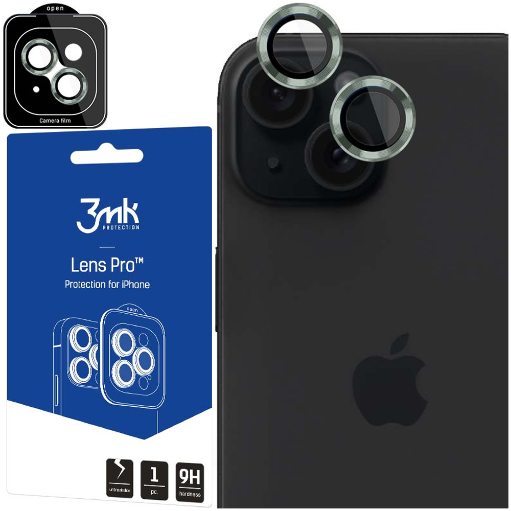 iPhone z osłonami obiektywu i opakowaniem, pokazujący produkt 3mk Lens Pro. Telefon jest czarny.