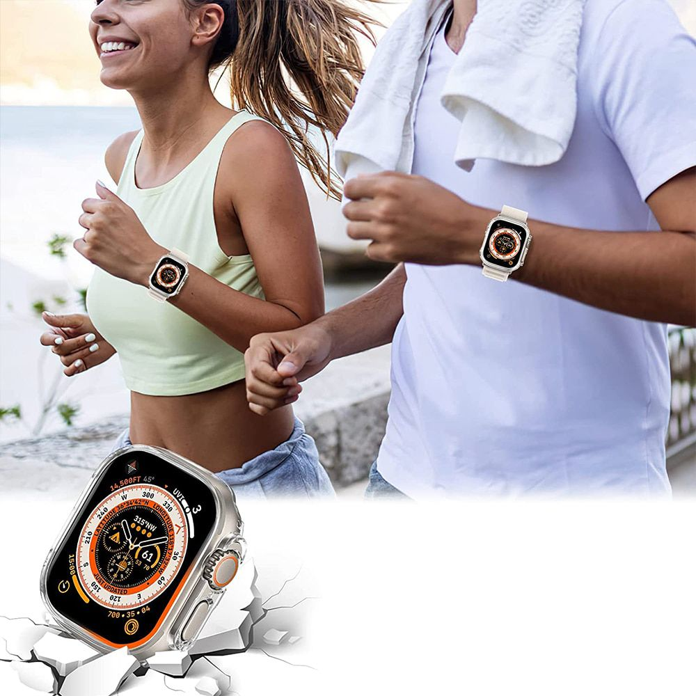 Zwei Personen laufen, tragen Smartwatches. Eine Uhr wird im Vordergrund gezeigt. Der Hintergrund ist eine verschwommene Außenszene mit Licht.