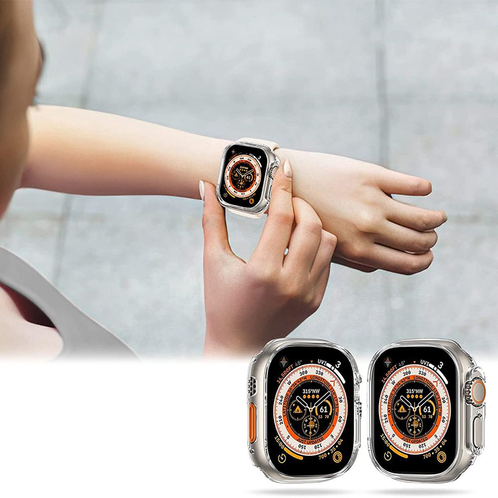 Eine Person trägt eine Smartwatch mit einer durchsichtigen Schutzhülle. Unten sind zwei Smartwatches abgebildet. Grauer Hintergrund.