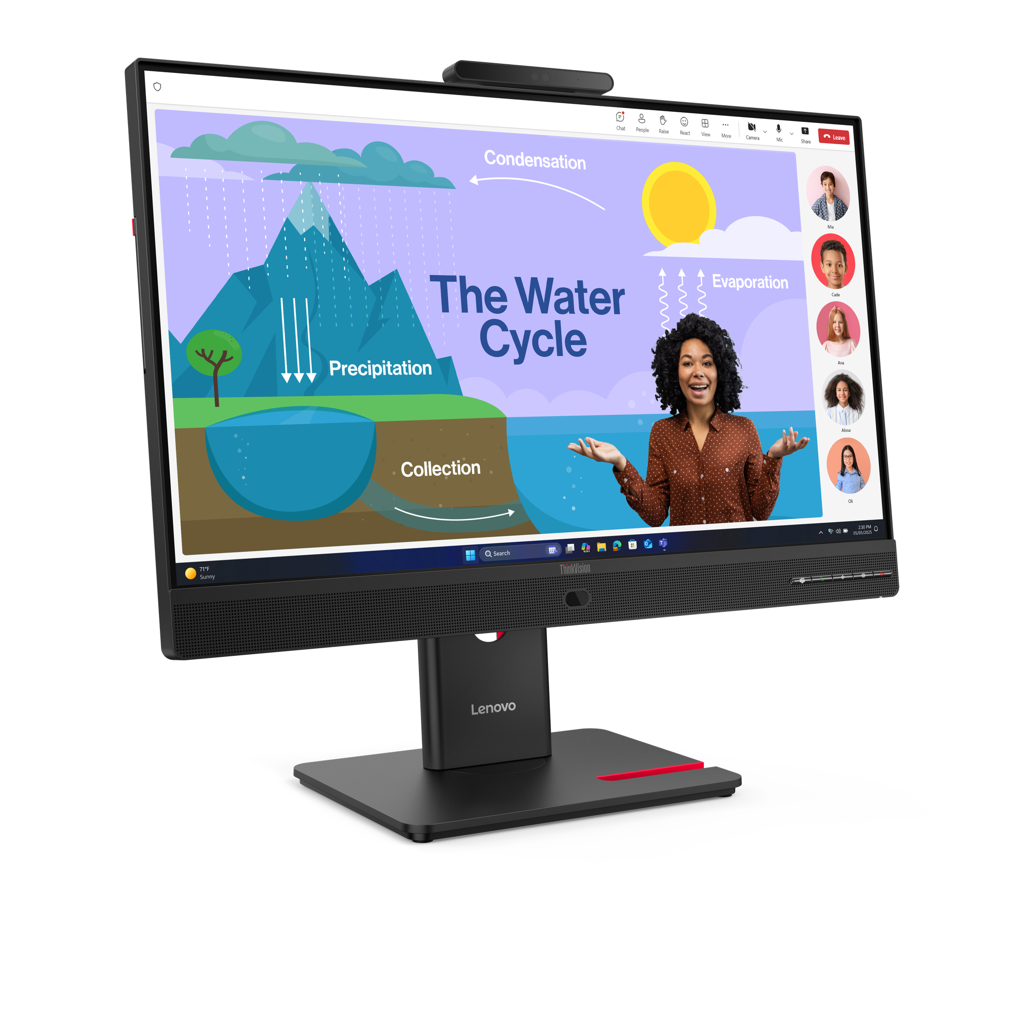 Monitor Lenovo wyświetlający schemat cyklu wody i połączenie wideo. Kobieta prezentuje cykl, z innymi osobami z boku.