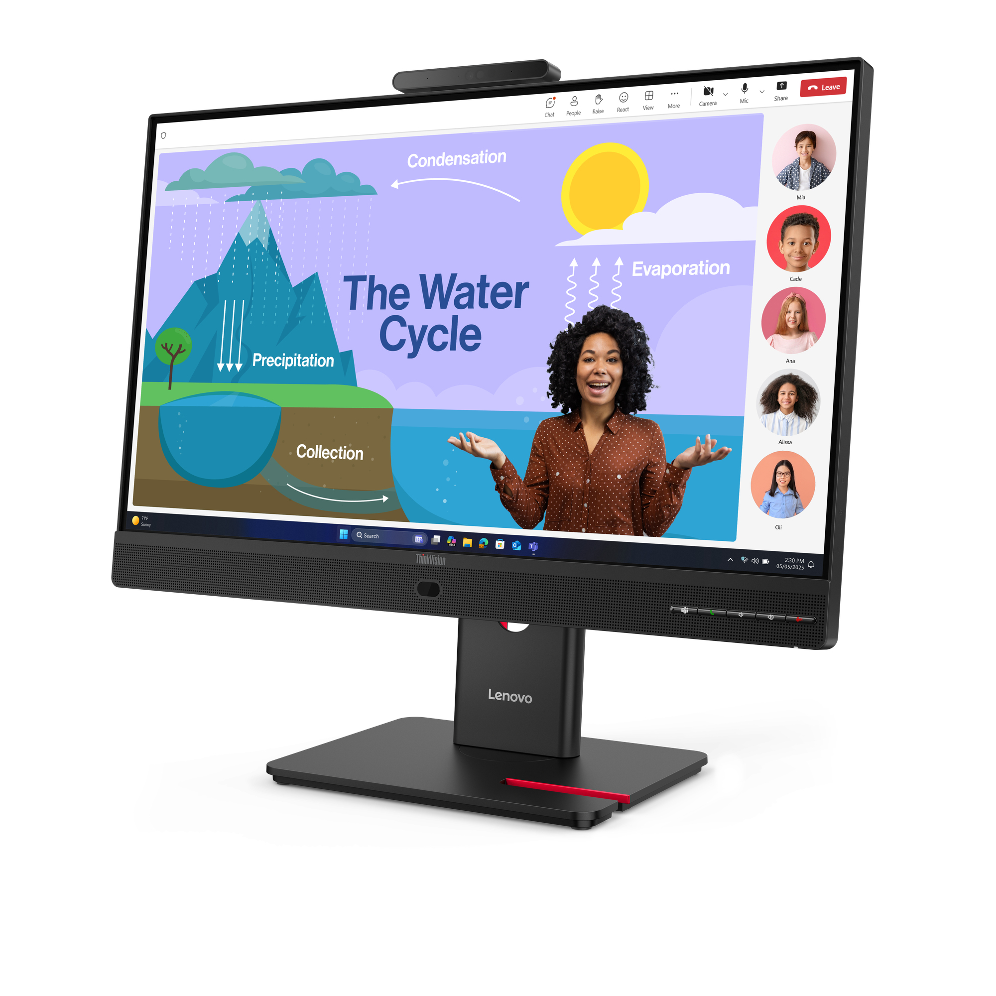 Monitor Lenovo wyświetla połączenie wideo z diagramem cyklu wody. Kobieta prezentuje. Kilka twarzy w połączeniu.