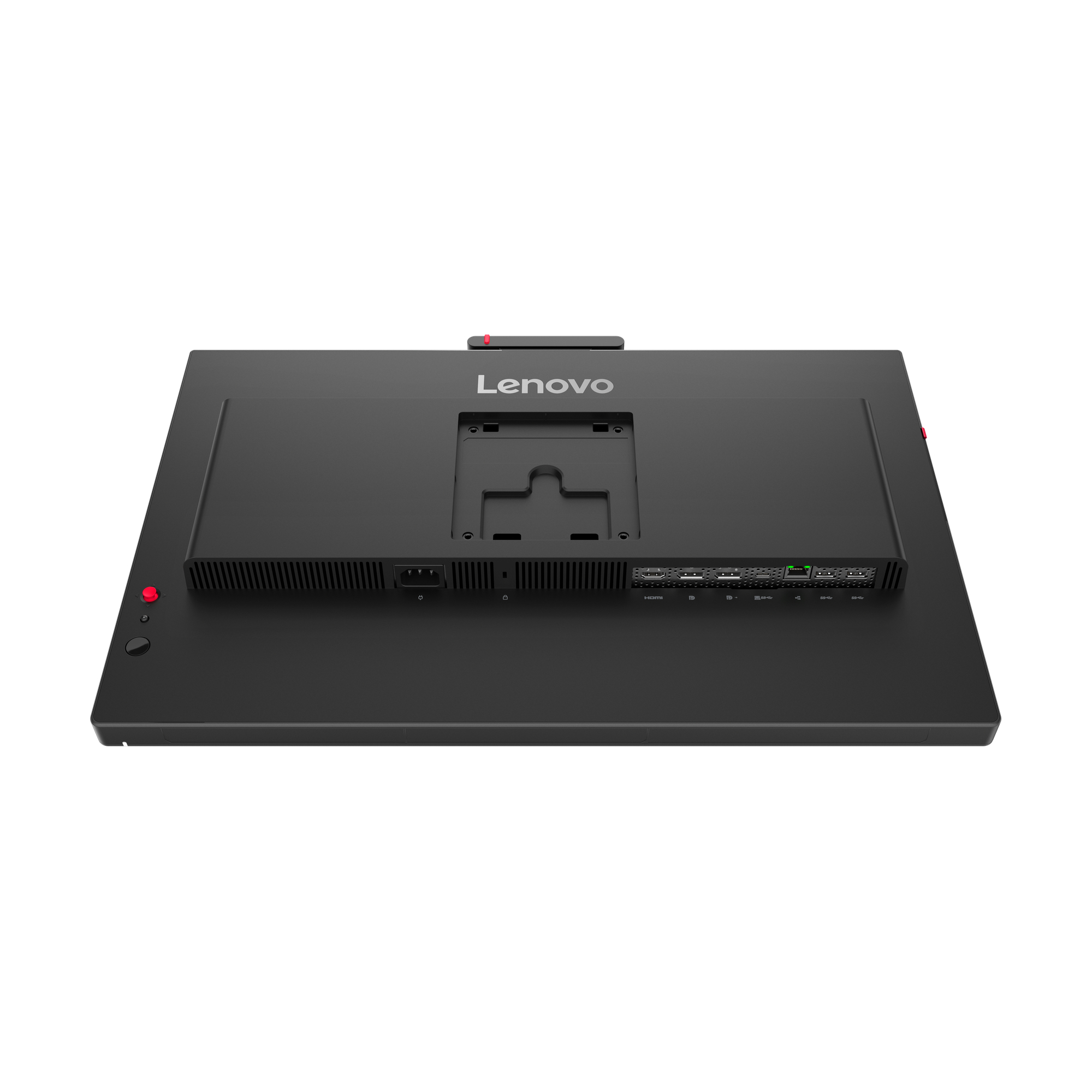 Pokazano tył czarnego komputera Lenovo All-in-One. Ma różne porty i przycisk zasilania z czerwonym akcentem.