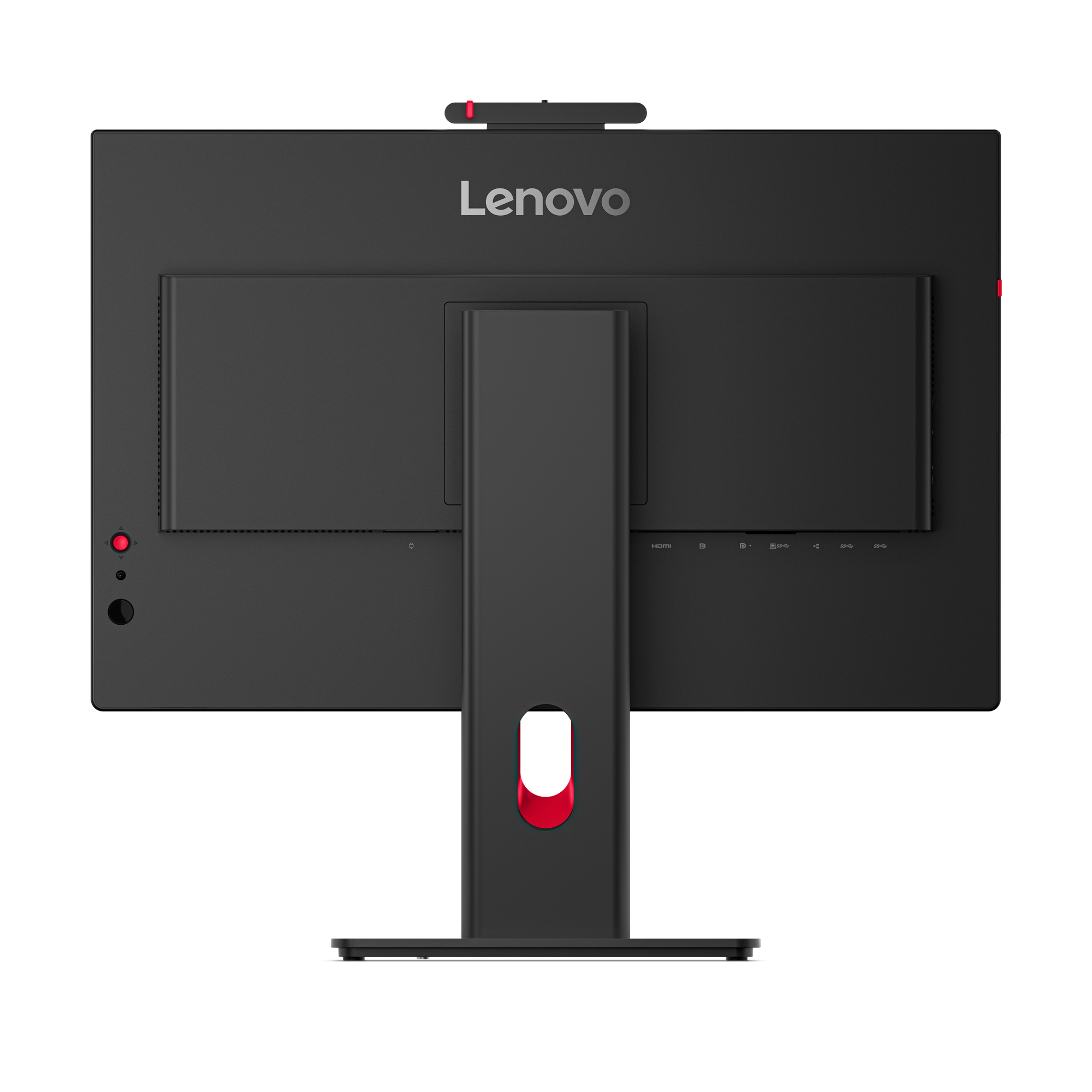Widok z tyłu czarnego monitora Lenovo ze stojakiem. Posiada czerwony akcent i kamerę internetową.