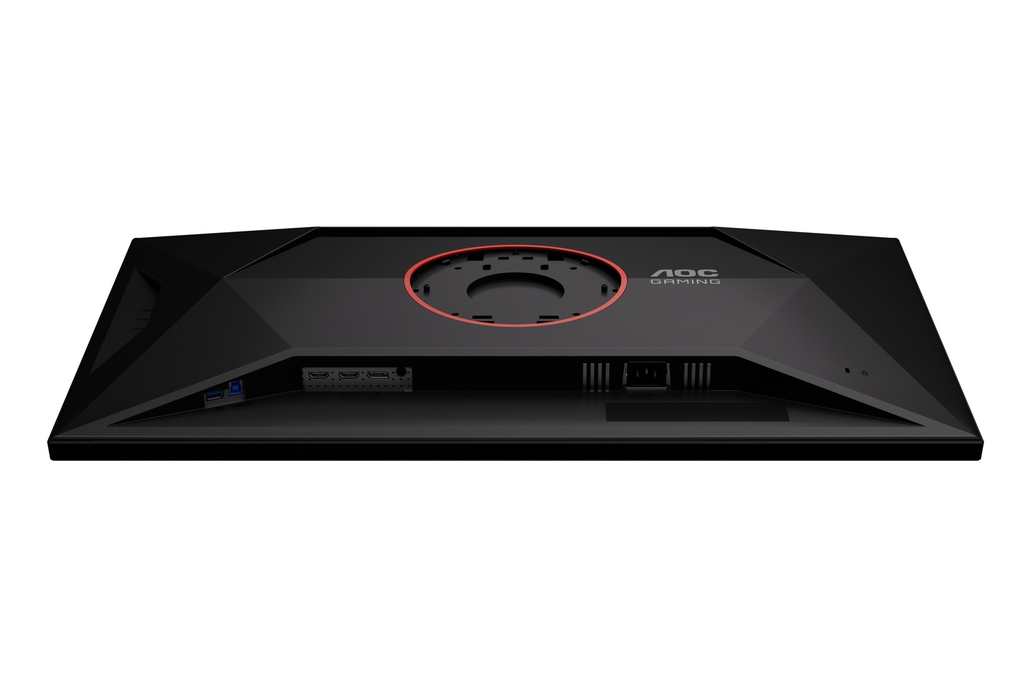 Rückansicht eines schwarzen AOC-Gaming-Monitors. Er verfügt über Anschlüsse, einen roten Ring und das AOC Gaming-Logo.