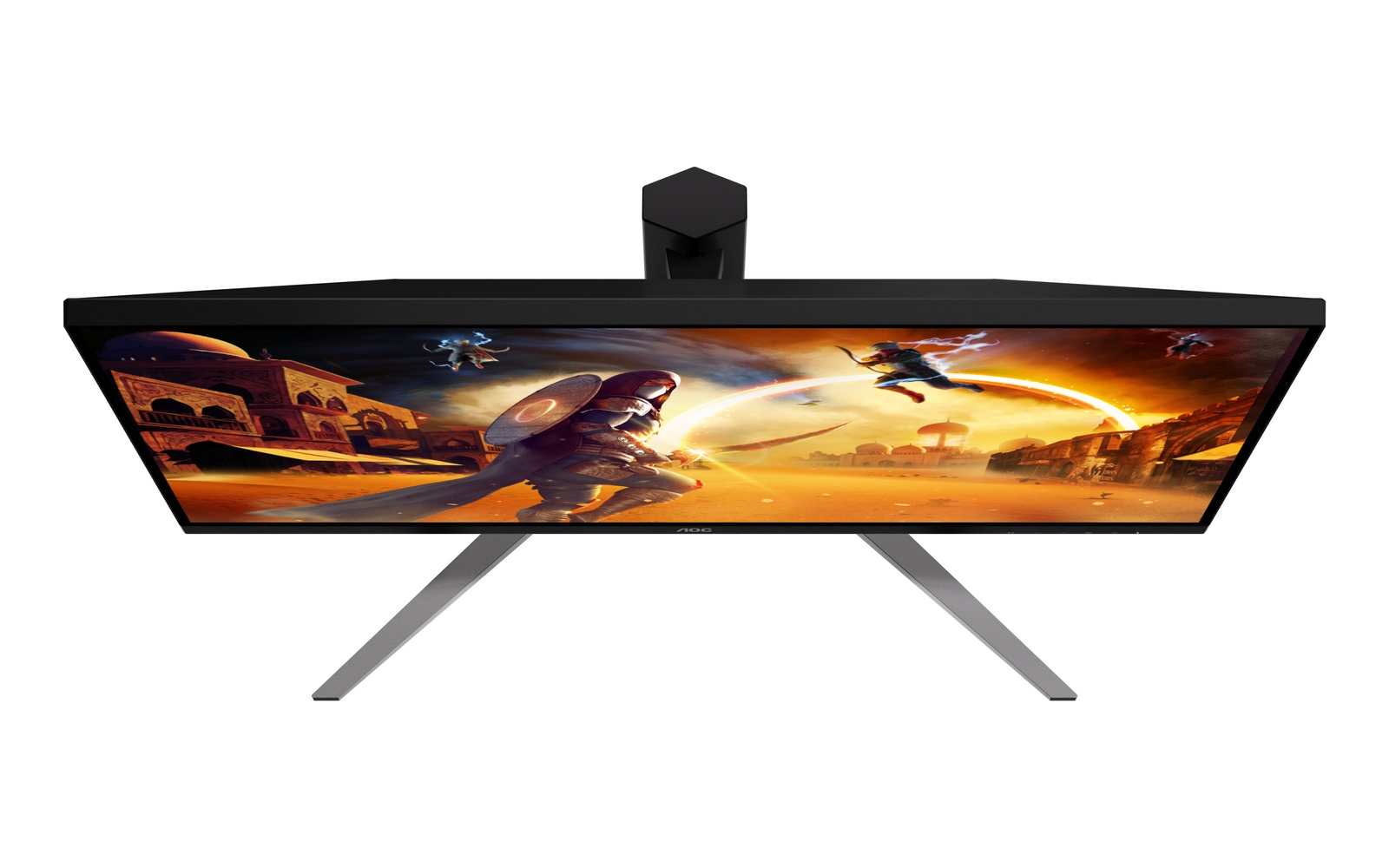 Een computermonitor met een game-scène op het scherm. Een krijger vecht met zwaard en schild in een woestijn.