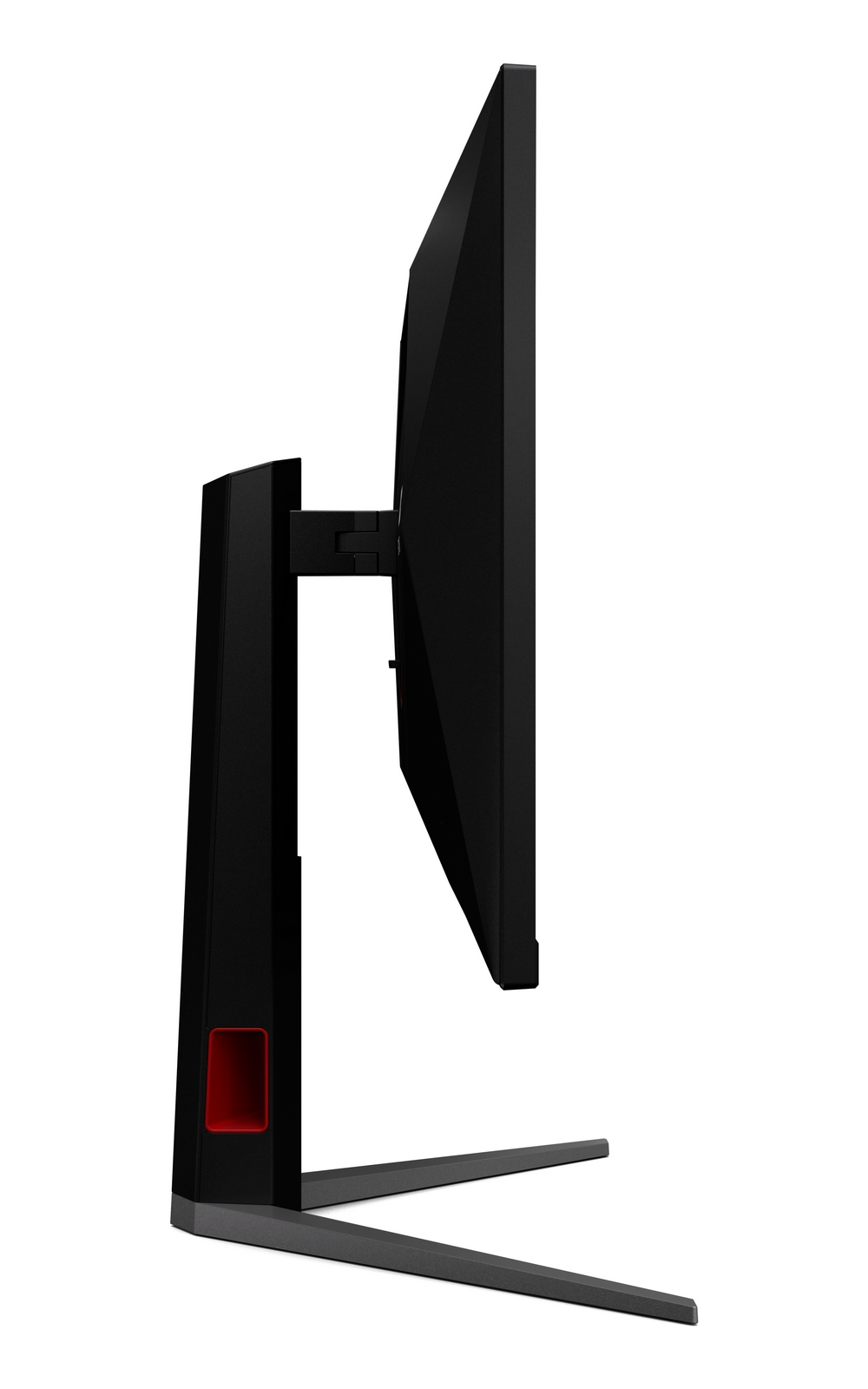 Een zijaanzicht van een zwarte computermonitor. De monitor heeft een zwarte standaard met een rode accent en een zilveren voet.