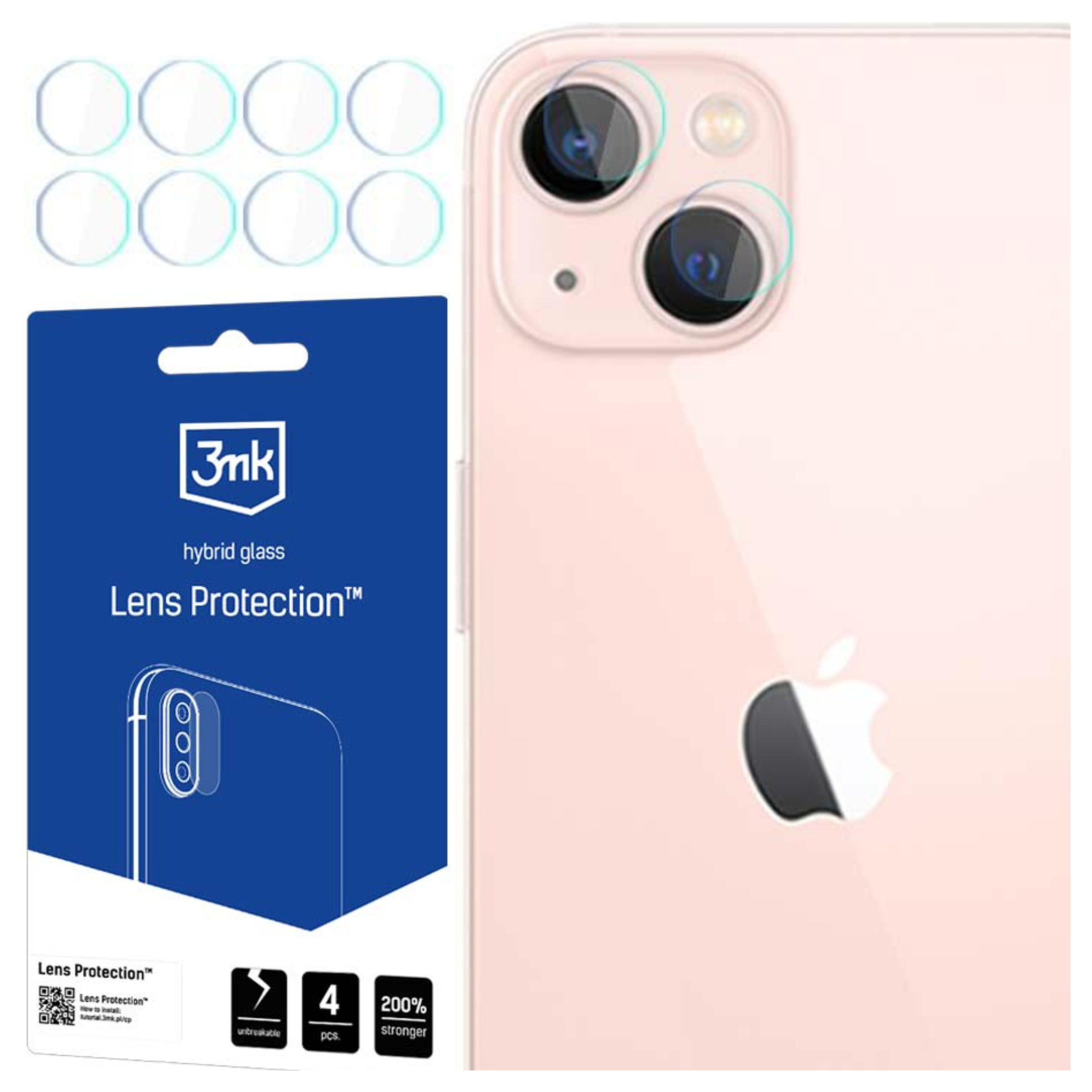 Obraz przedstawia telefon z osłonami obiektywu, niebieskie opakowanie z tekstem i osłony obiektywu w rzędzie.