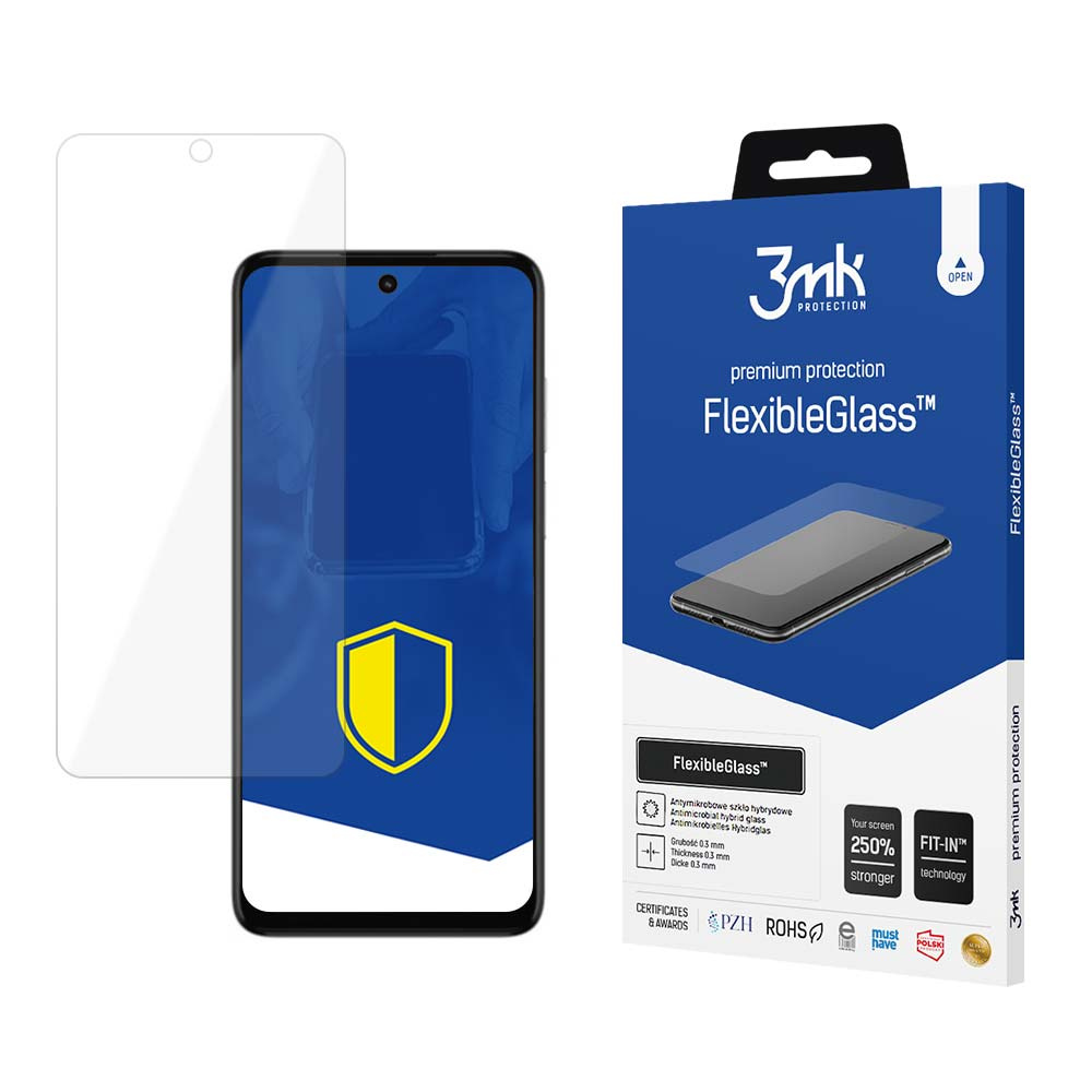 Un proteggi schermo e un telefono con scatola del prodotto. Il testo include 'FlexibleGlass' e '3mk Protection'.