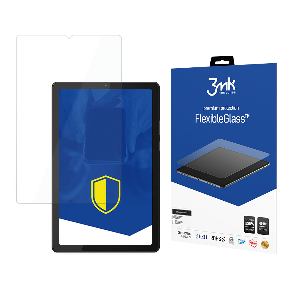 Un tablet con protezione schermo e la sua confezione. La confezione riporta 'FlexibleGlass' e '3mk protection'.