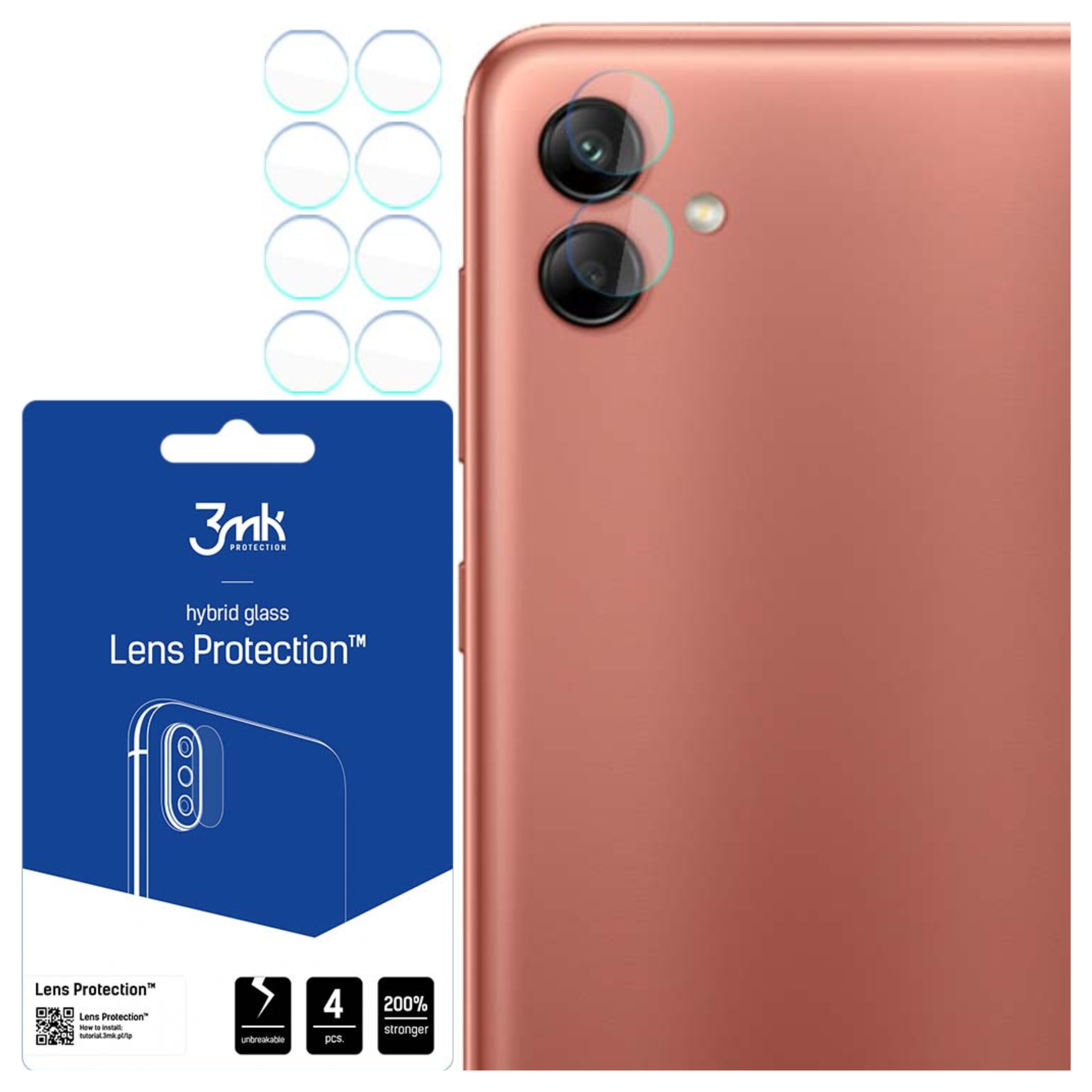 Un telefono e delle protezioni per lenti sono esposte. Il telefono è rosso-marrone, le protezioni sono trasparenti.