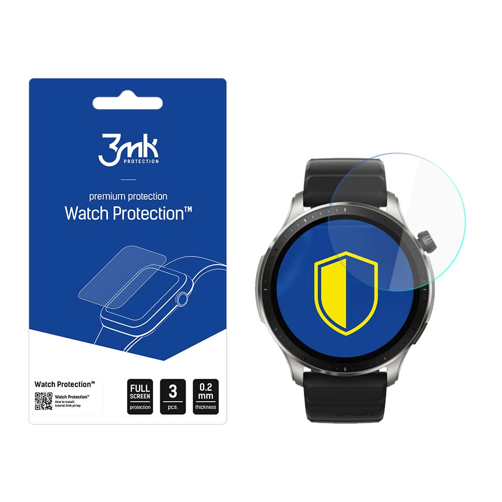 Uno smartwatch con protezione schermo e confezione. La confezione mostra l'illustrazione dell'orologio, il logo del marchio e i dettagli del prodotto. L'orologio ha un'icona a scudo.