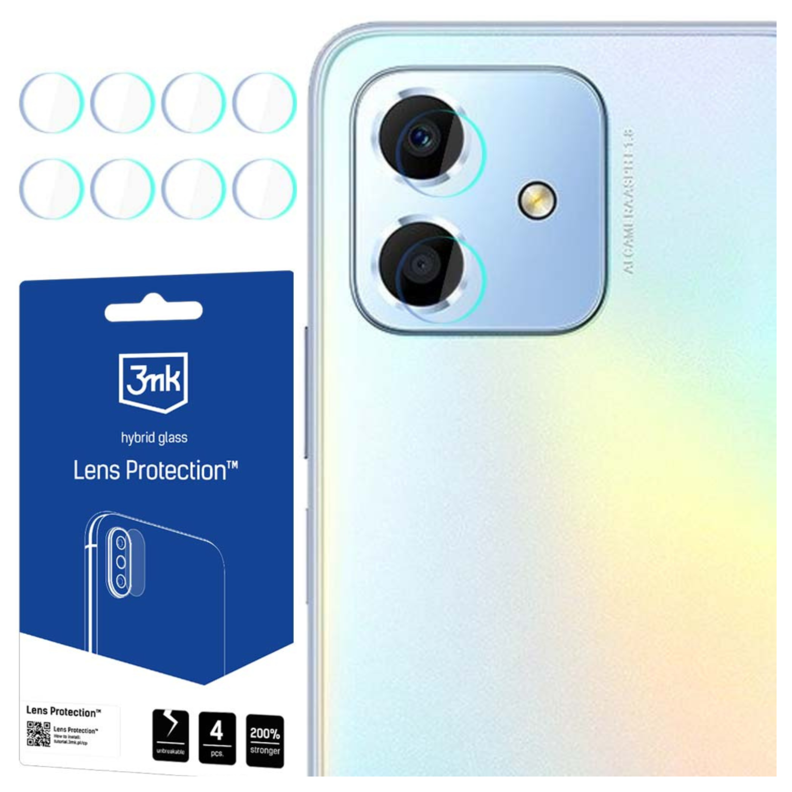 Un telefono con protezioni per lenti della fotocamera e un pacchetto di protezione per lenti in vetro ibrido 3mk.