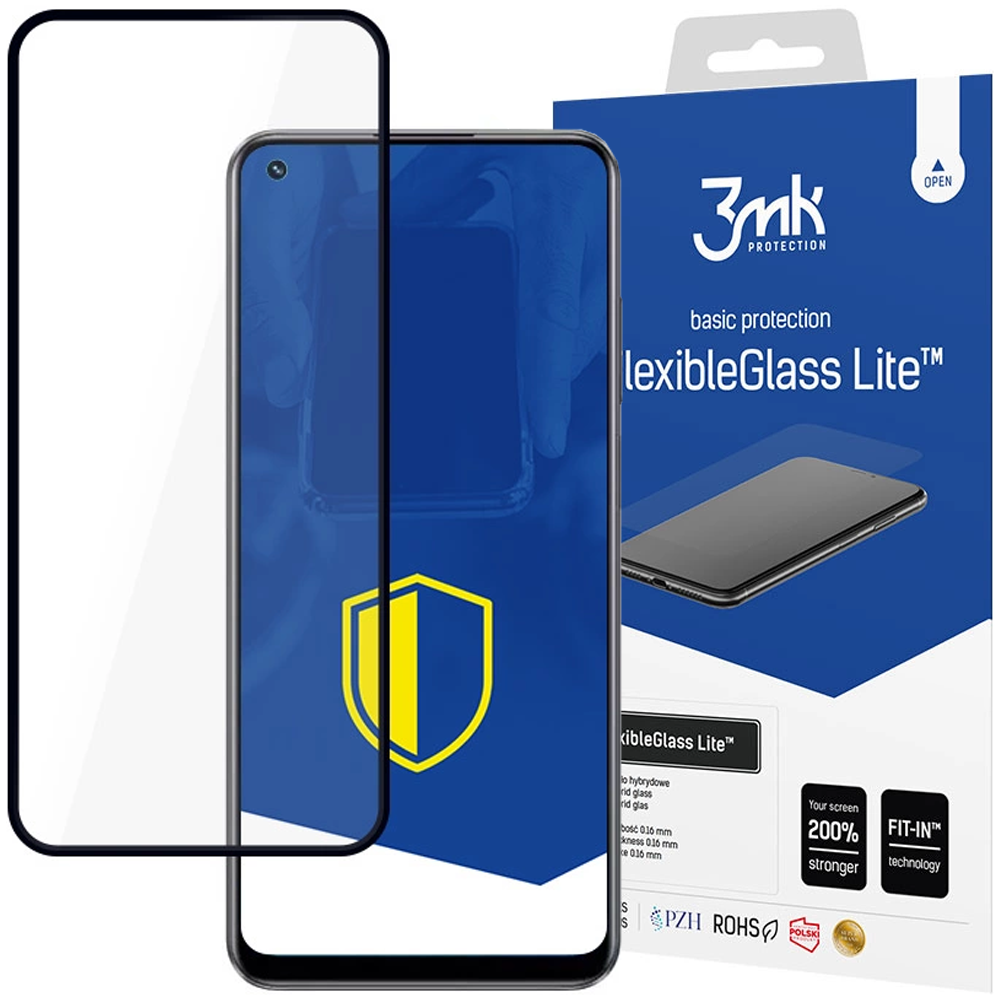 Zestaw ochronny ekranu telefonu. Zawiera telefon, ochronę ekranu i pudełko z napisem 'flexibleGlass Lite'.