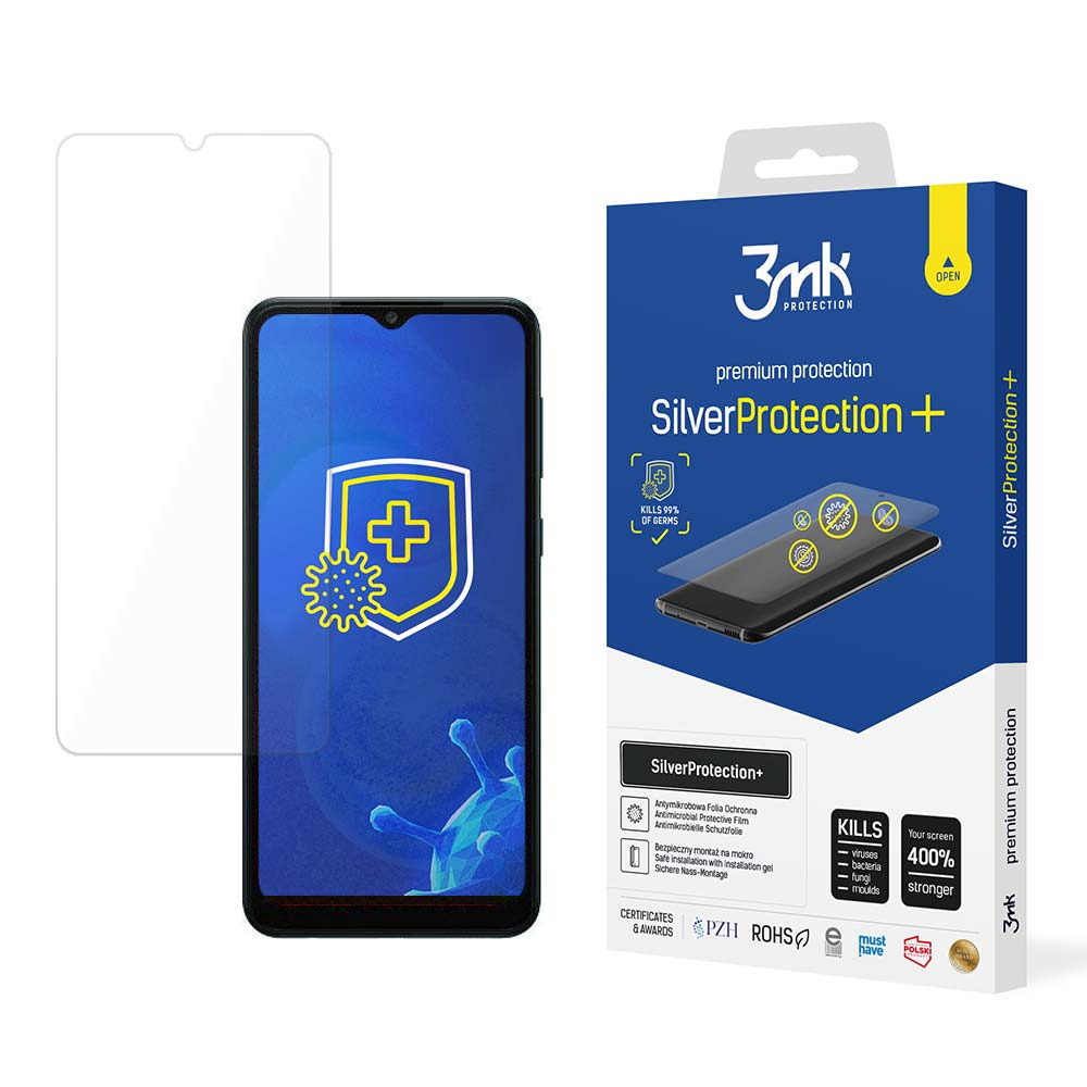 Una scatola per la protezione dello schermo del telefono con un telefono e una protezione per lo schermo. La scatola dice Silver Protection +.