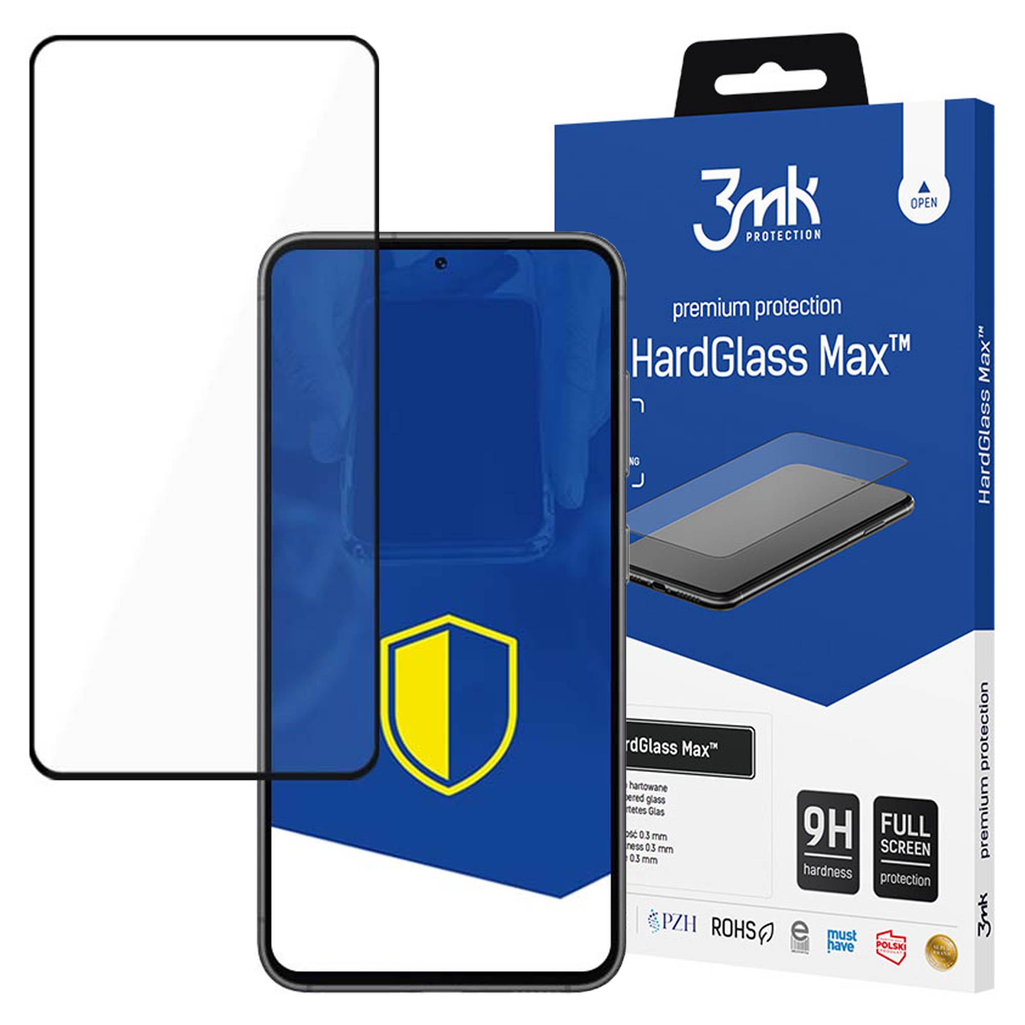 Pudełko ochronne na ekran telefonu z telefonem i ochraniaczem. Niebieskie pudełko z białym tekstem i żółtą tarczą.