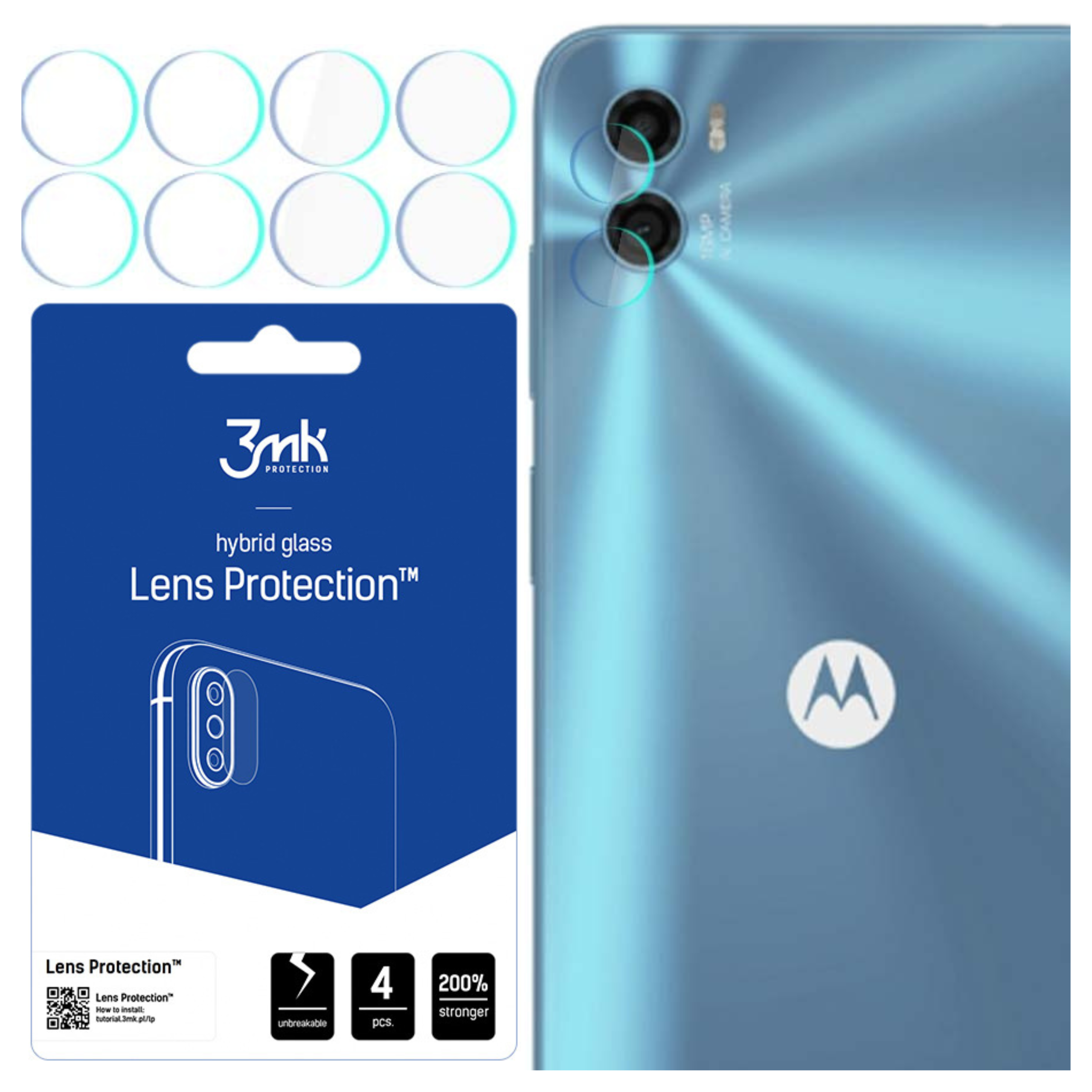 Vengono mostrati un telefono e una confezione di protezione dell'obiettivo. La confezione è blu e bianca con il marchio 3mk.