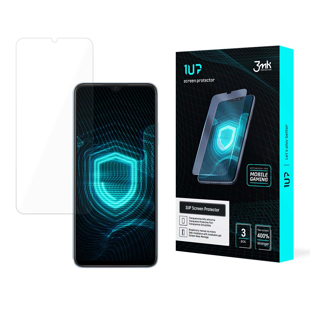 Un proteggi schermo, uno smartphone e una scatola proteggi schermo sono su una superficie bianca. La scatola ha un'immagine del telefono.