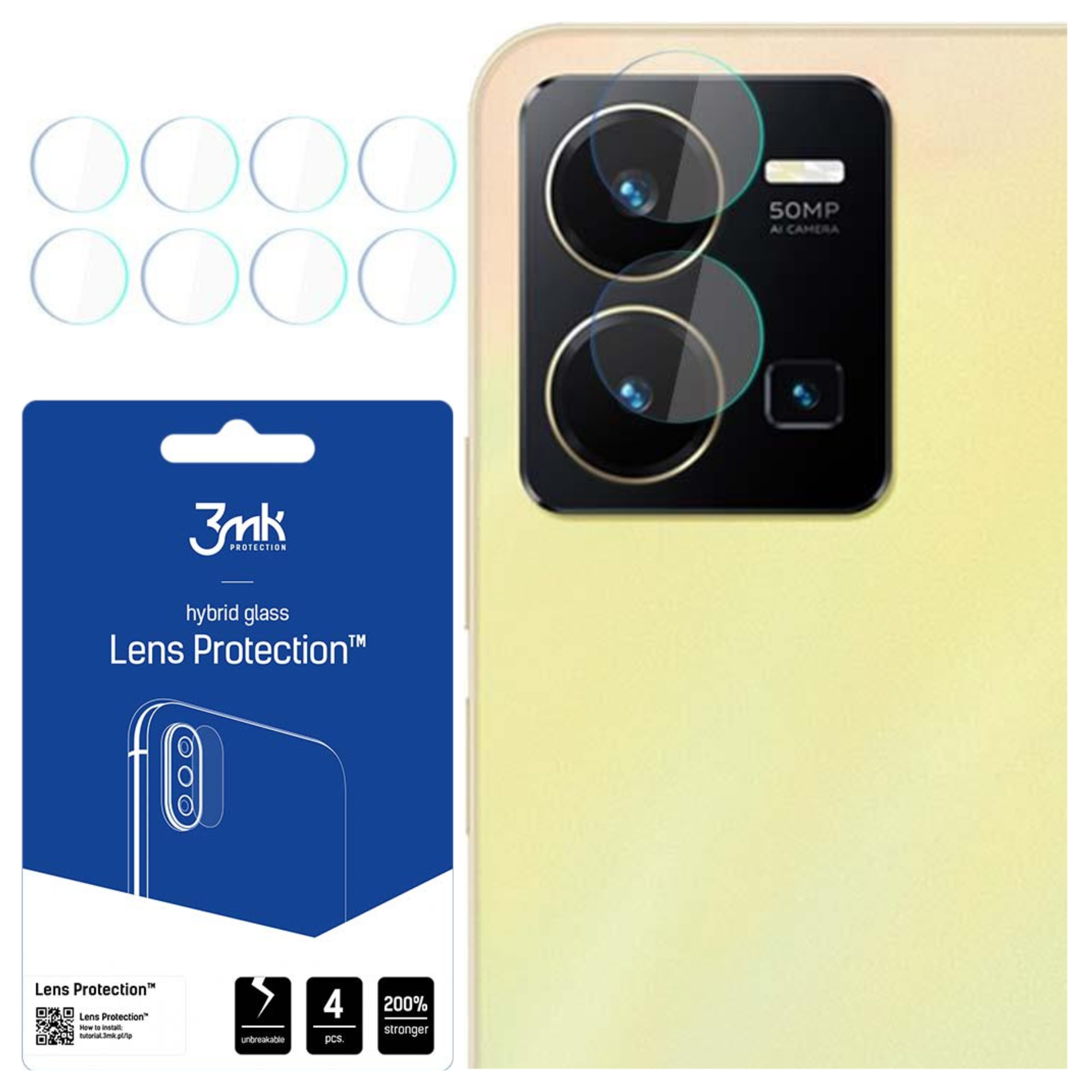 Un telefono con protezioni per lenti e una confezione. La confezione è blu e bianca e riporta il marchio 3mk.