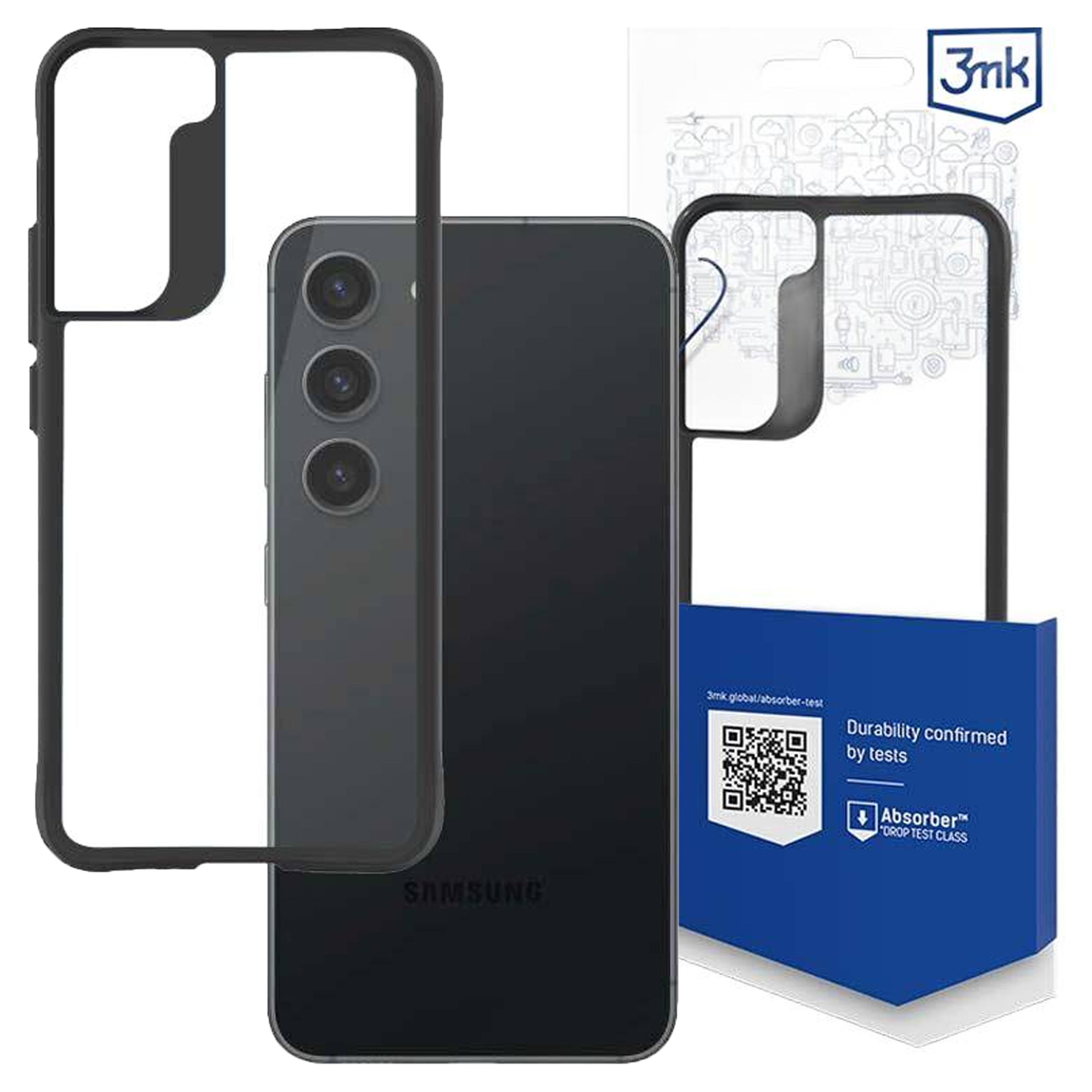 Wyświetlana jest obudowa telefonu i telefon. Obudowa jest czarna, telefon jest czarny, a po prawej stronie znajduje się opakowanie.