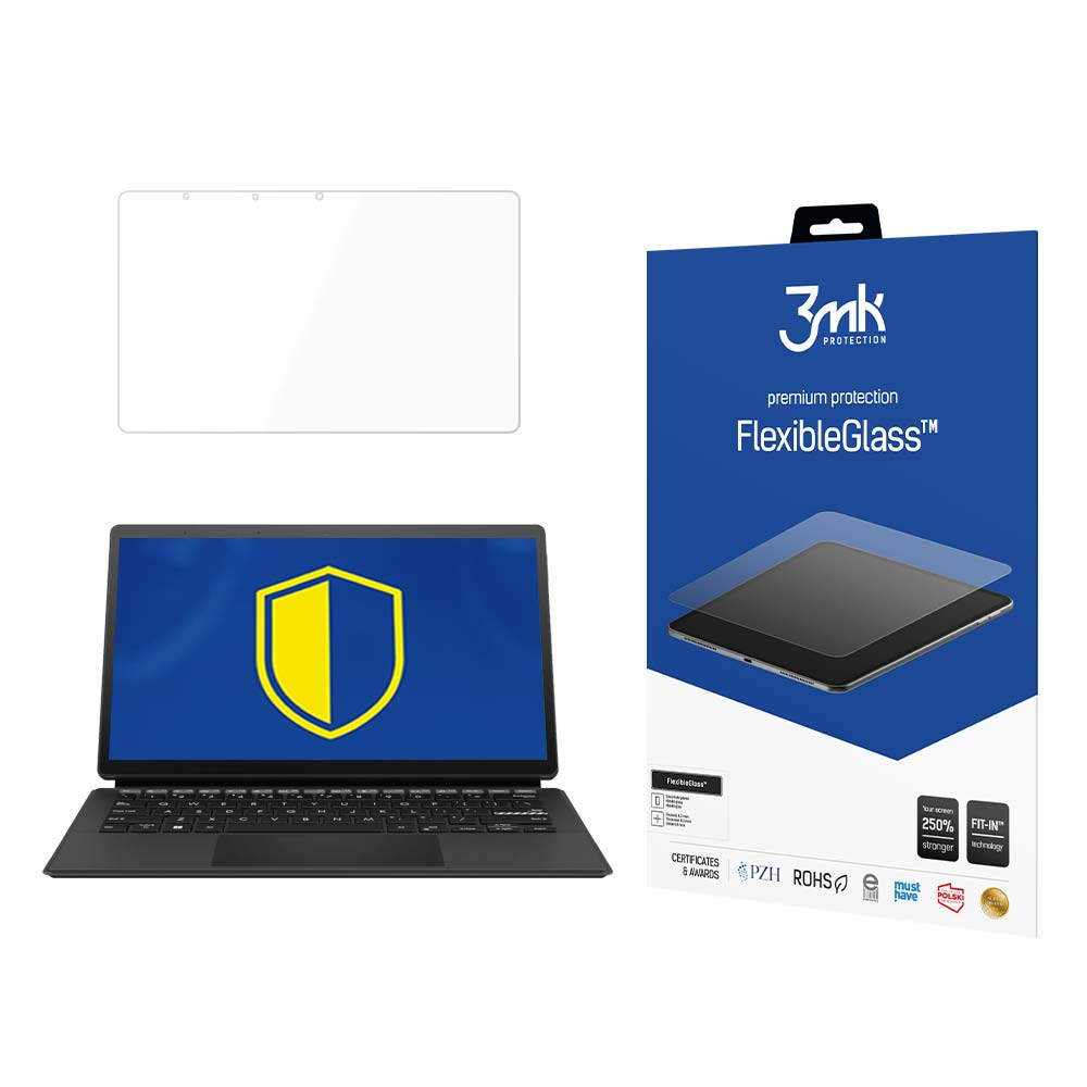 Un laptop, una protezione per lo schermo e l'imballaggio del prodotto sono mostrati. Il laptop mostra uno scudo giallo e blu.