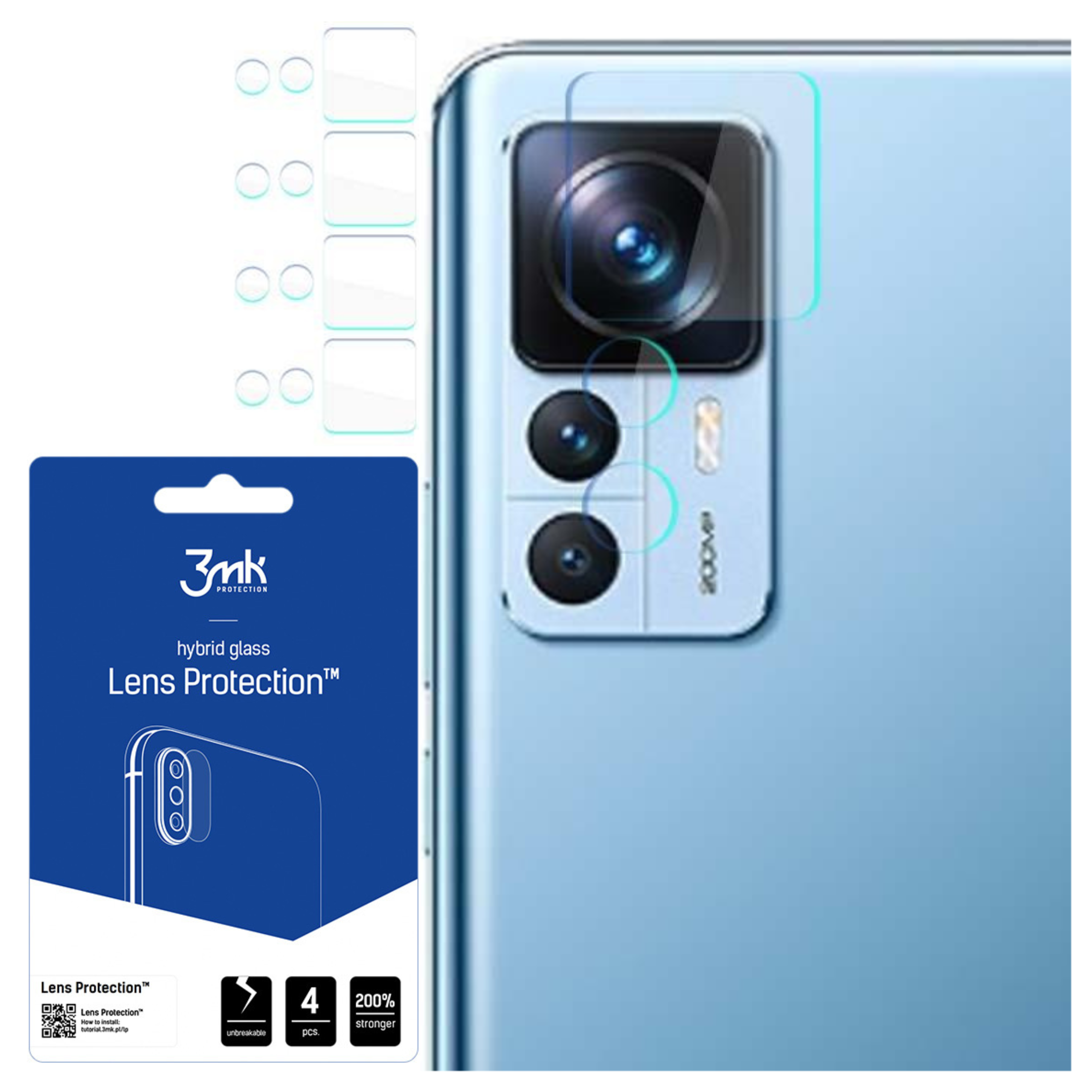 Viene visualizzato un telefono con protezione dell'obiettivo. Un pacchetto blu e un telefono con lenti della fotocamera su sfondo azzurro.